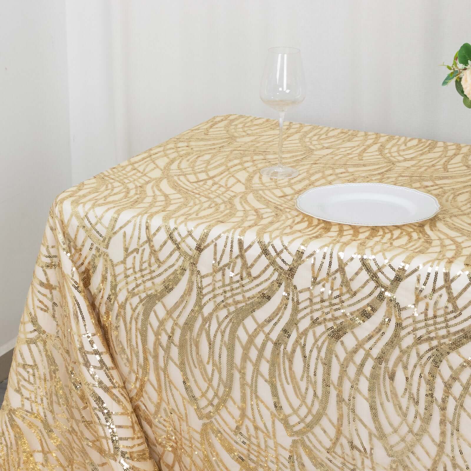 Mesh Rectangle Tablecloth 90"x156" Champagne - Wave Embroidered Sequin Table Cover - Image 7