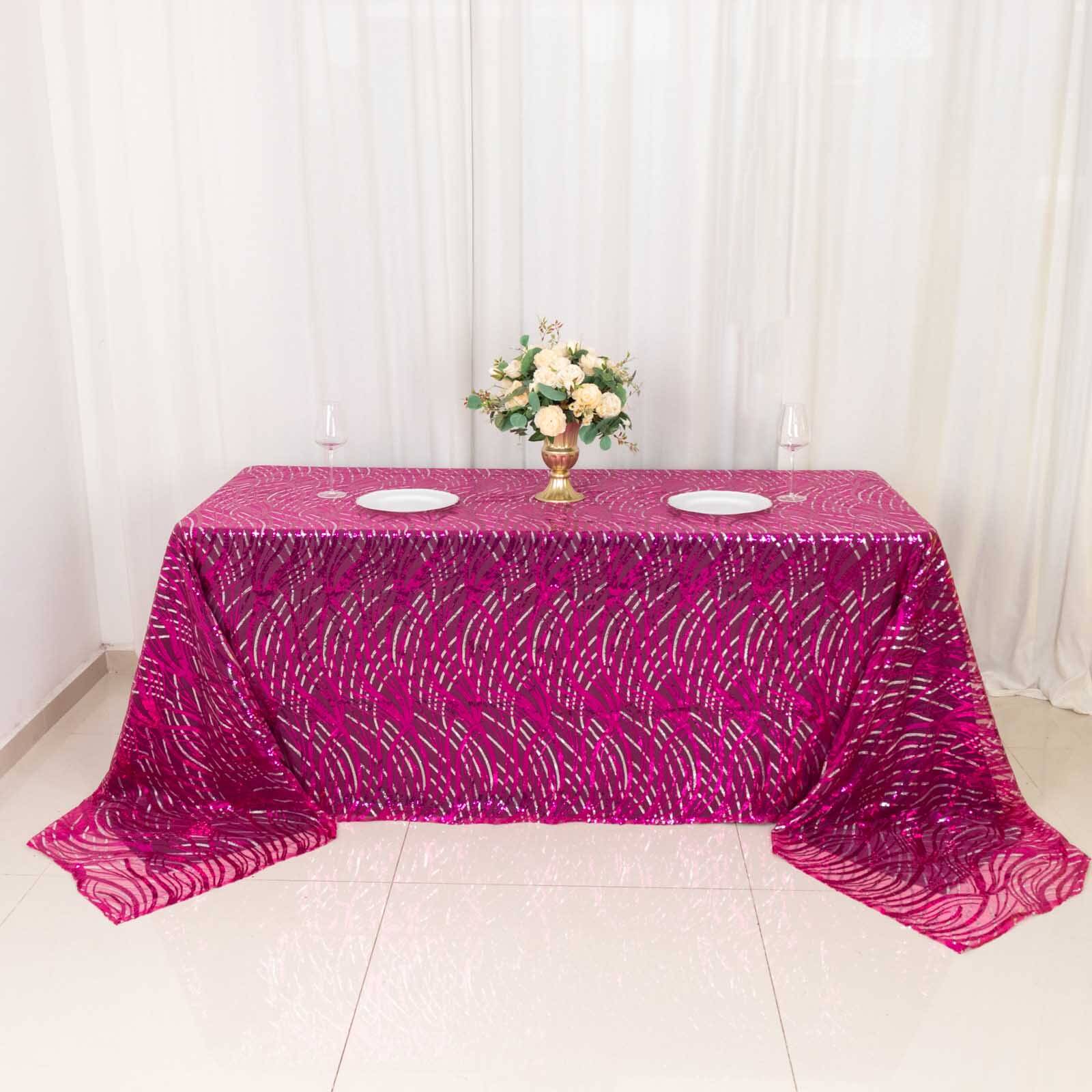 Mesh Rectangle Tablecloth 90"x156" Fuchsia Silver - Wave Embroidered Sequin Table Cover - Image 2