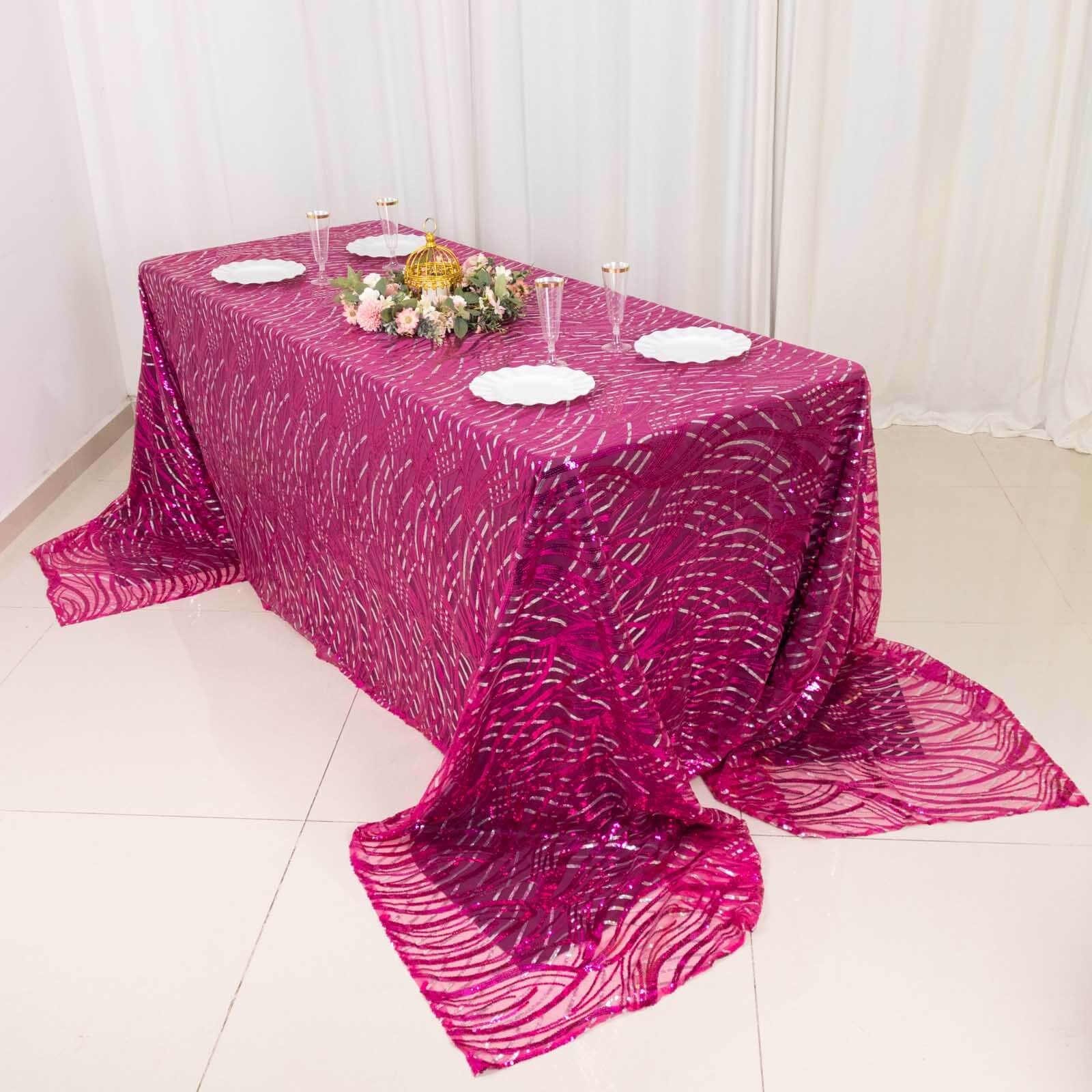Mesh Rectangle Tablecloth 90"x156" Fuchsia Silver - Wave Embroidered Sequin Table Cover - Image 3