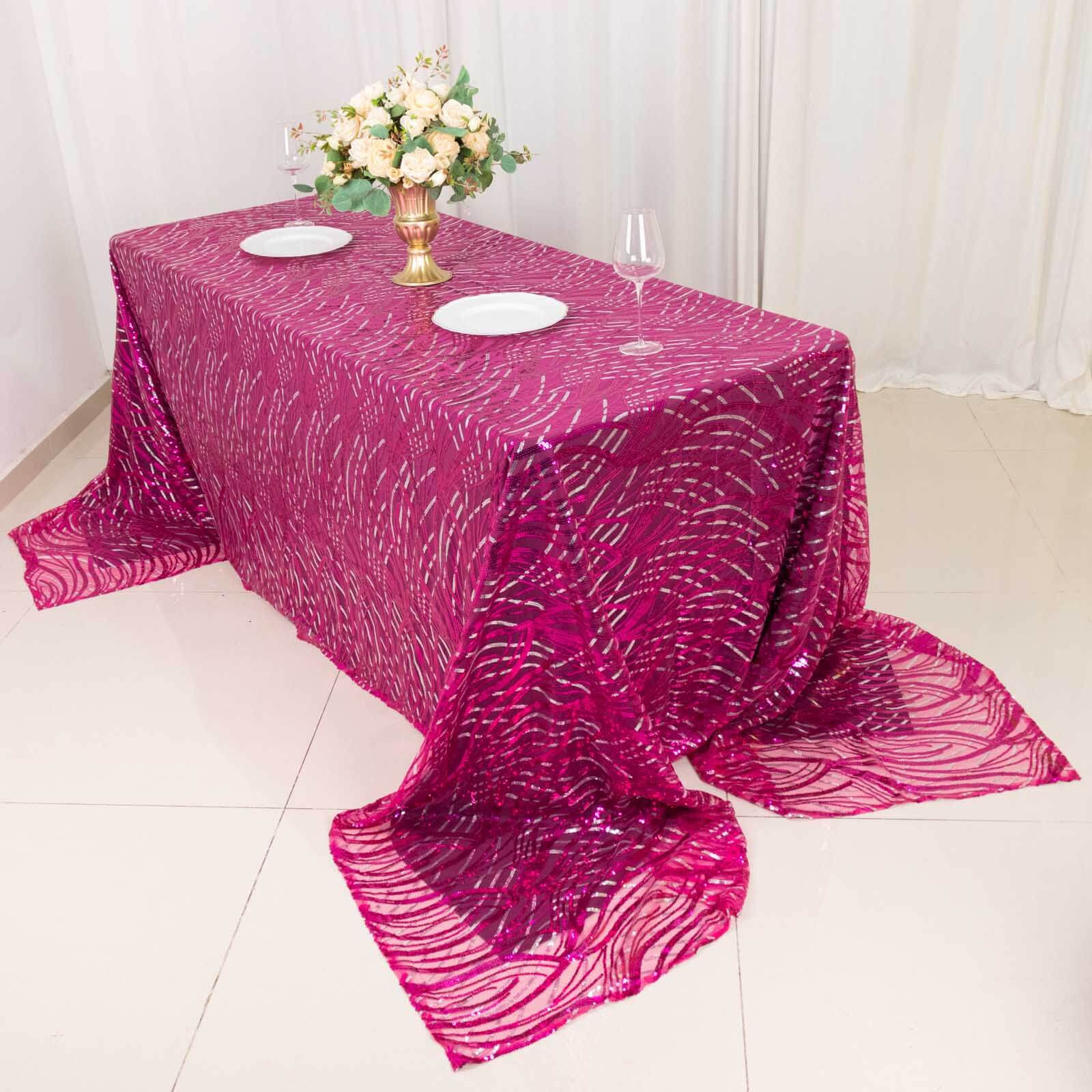 Mesh Rectangle Tablecloth 90"x156" Fuchsia Silver - Wave Embroidered Sequin Table Cover - Image 4