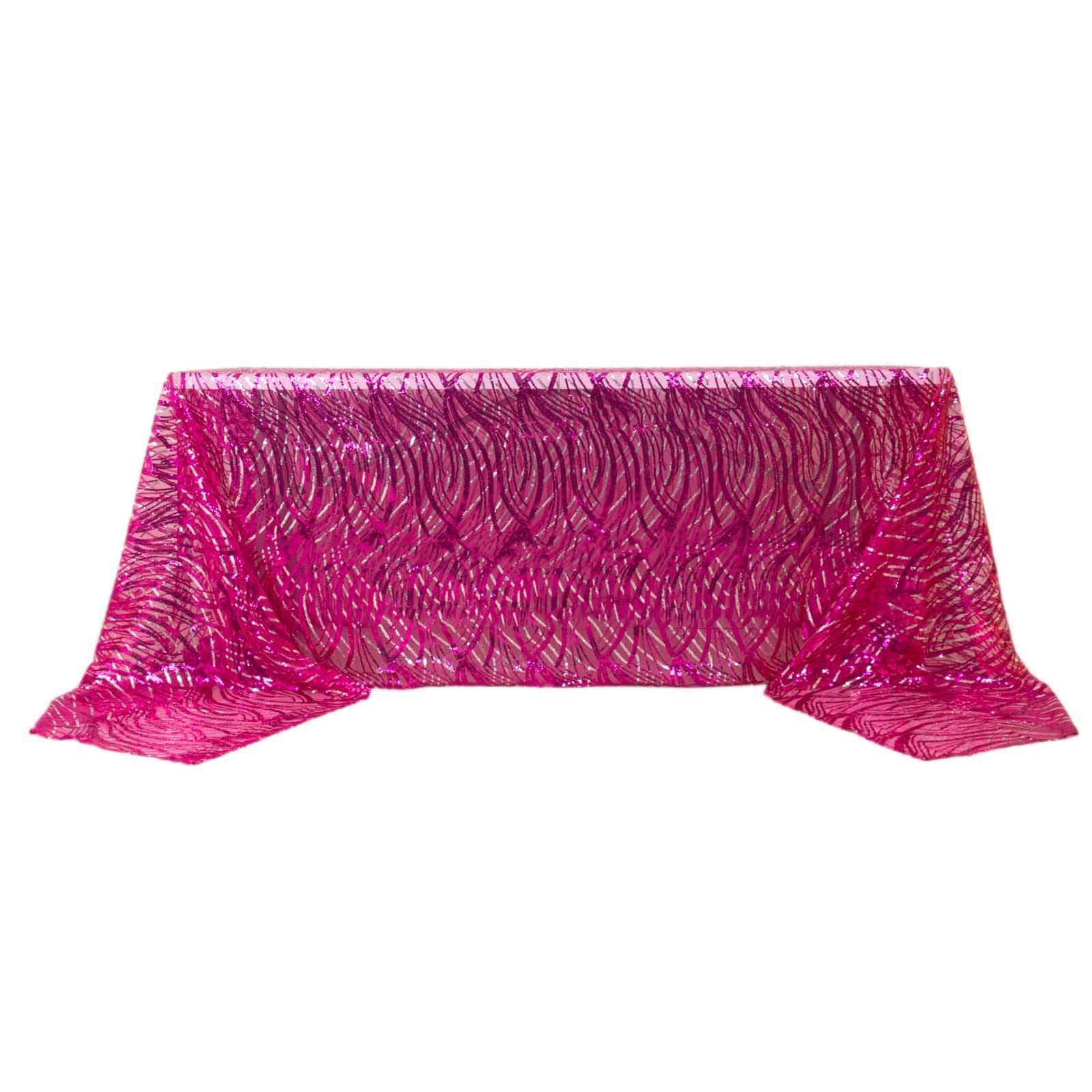 Mesh Rectangle Tablecloth 90"x156" Fuchsia Silver - Wave Embroidered Sequin Table Cover - Image 7