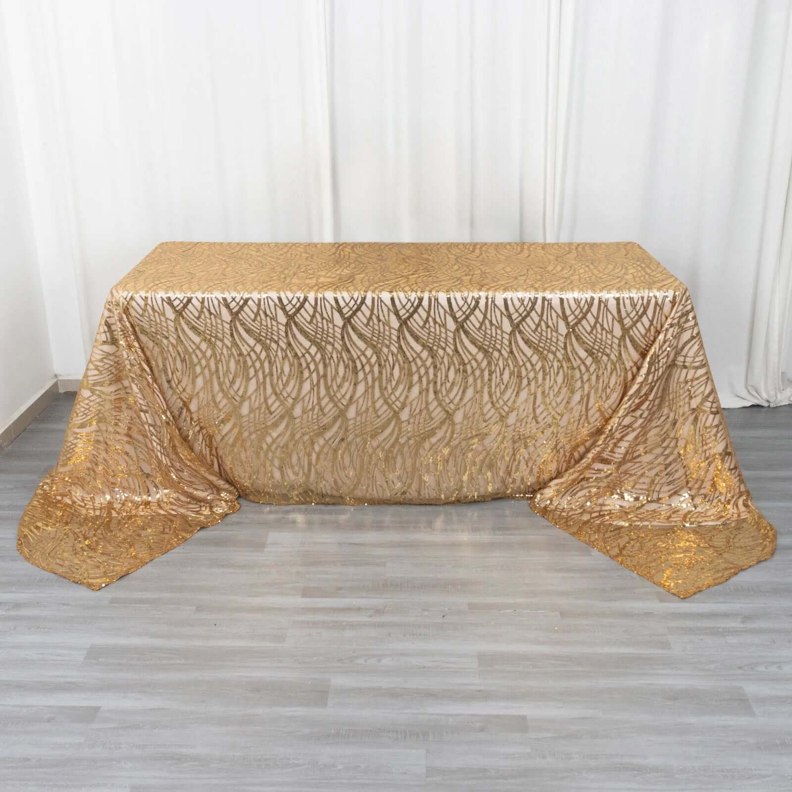 Mesh Rectangle Tablecloth 90"x156" Gold with Wave Embroidered Sequin Design - Chic Decor for Modern Gatherings