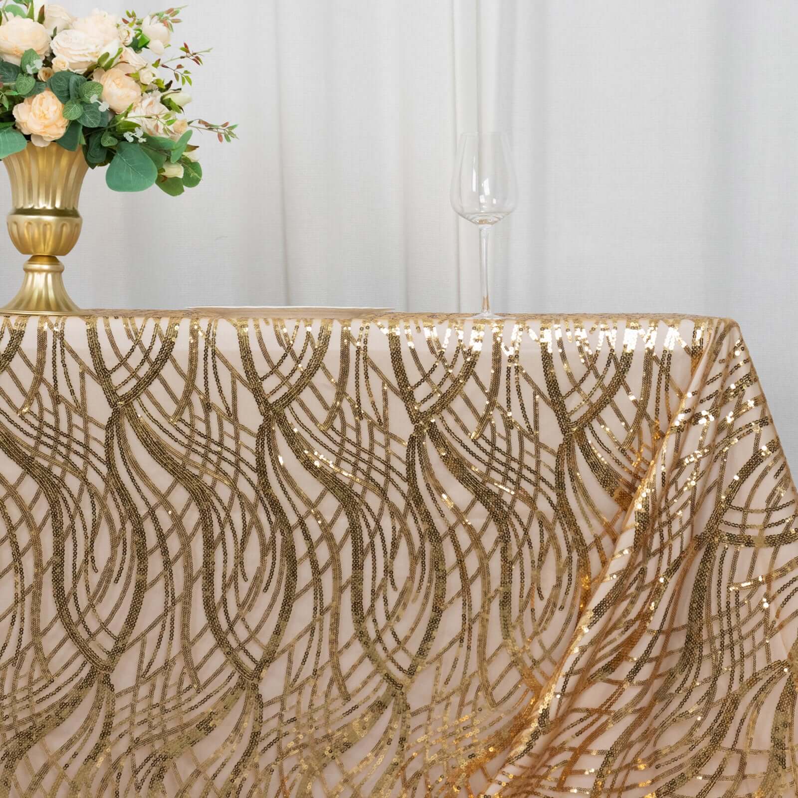 Mesh Rectangle Tablecloth 90"x156" Gold with Wave Embroidered Sequin Design - Chic Decor for Modern Gatherings - Image 10