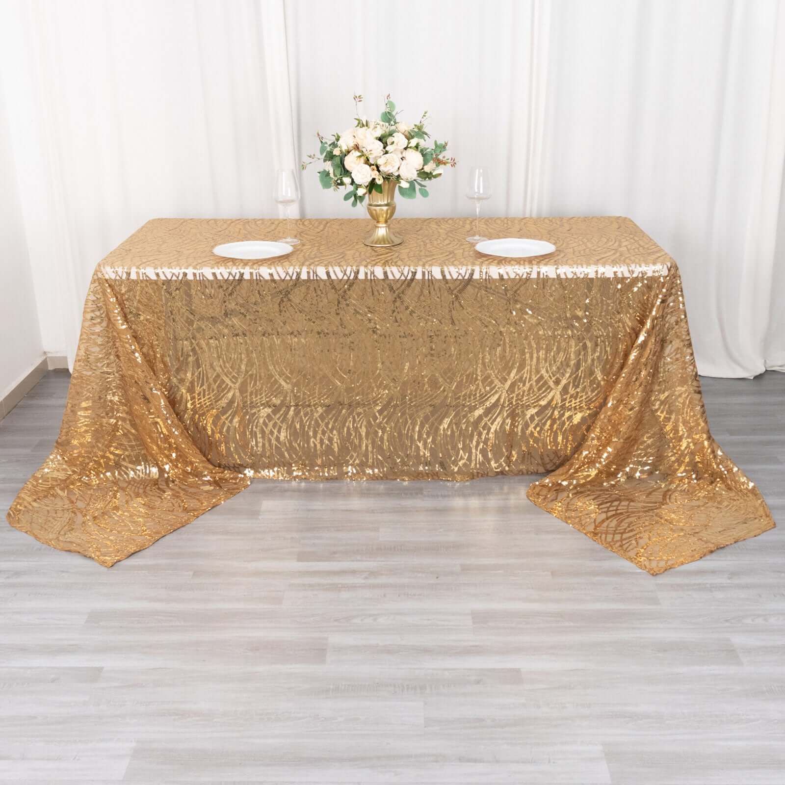 Mesh Rectangle Tablecloth 90"x156" Gold with Wave Embroidered Sequin Design - Chic Decor for Modern Gatherings - Image 11