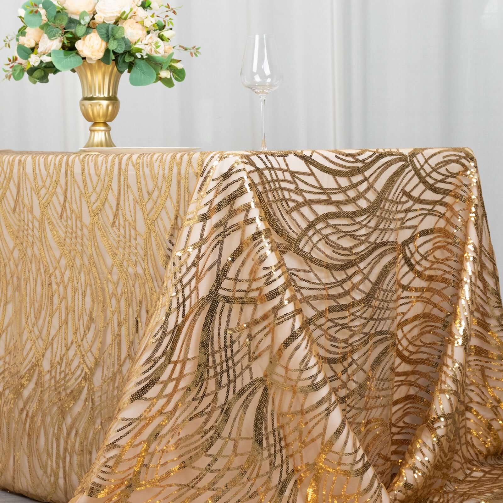 Mesh Rectangle Tablecloth 90"x156" Gold with Wave Embroidered Sequin Design - Chic Decor for Modern Gatherings - Image 2