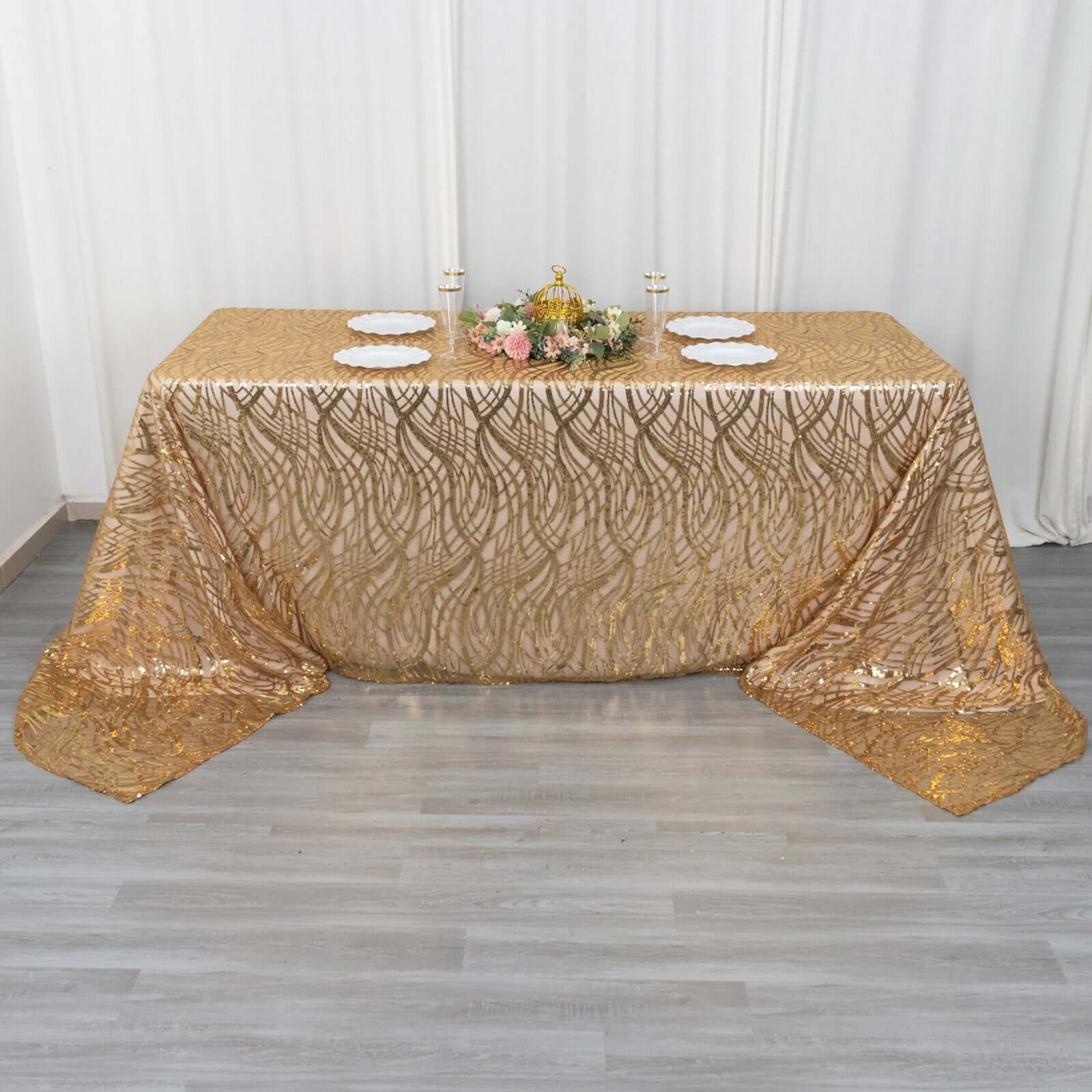 Mesh Rectangle Tablecloth 90"x156" Gold with Wave Embroidered Sequin Design - Chic Decor for Modern Gatherings - Image 4