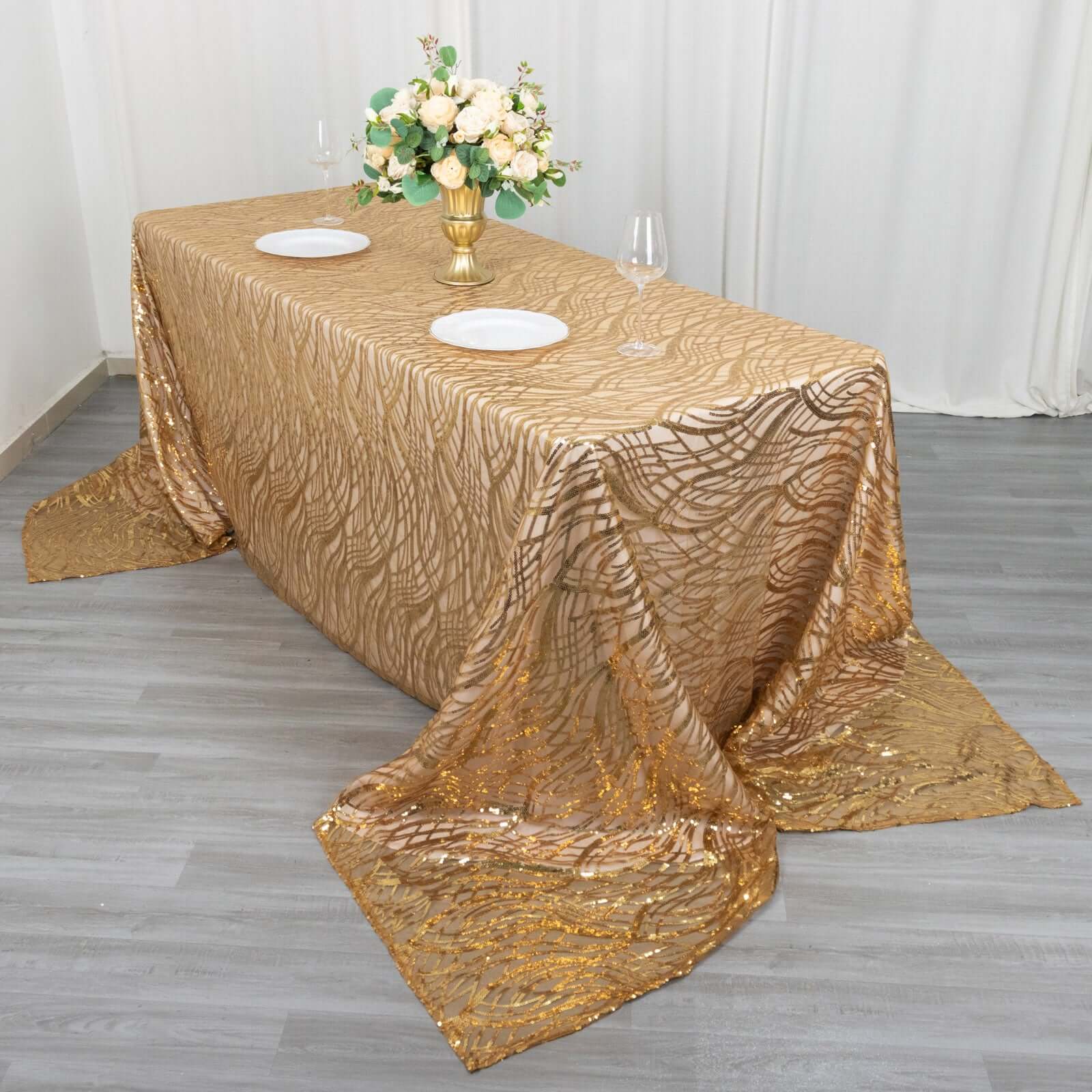 Mesh Rectangle Tablecloth 90"x156" Gold with Wave Embroidered Sequin Design - Chic Decor for Modern Gatherings - Image 5