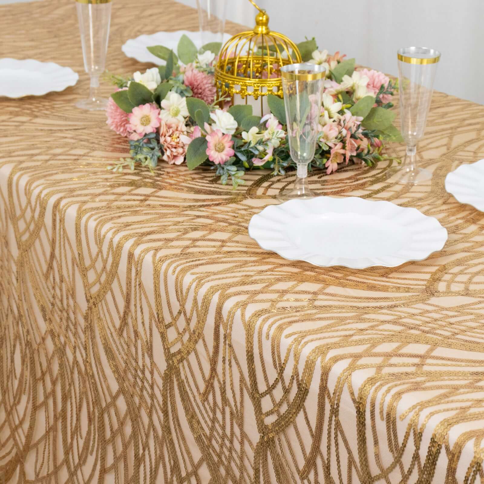 Mesh Rectangle Tablecloth 90"x156" Gold with Wave Embroidered Sequin Design - Chic Decor for Modern Gatherings - Image 6