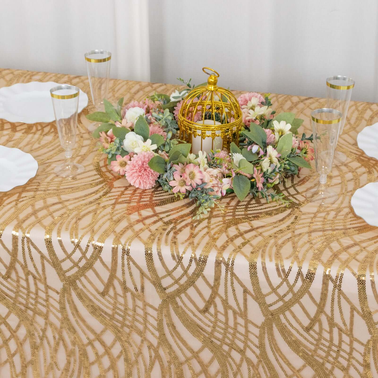 Mesh Rectangle Tablecloth 90"x156" Gold with Wave Embroidered Sequin Design - Chic Decor for Modern Gatherings - Image 8