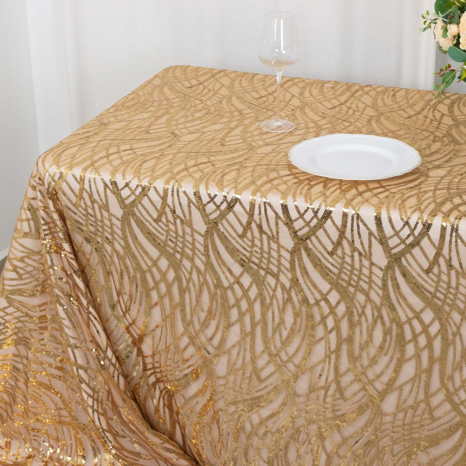 Mesh Rectangle Tablecloth 90"x156" Gold with Wave Embroidered Sequin Design - Chic Decor for Modern Gatherings - Image 9