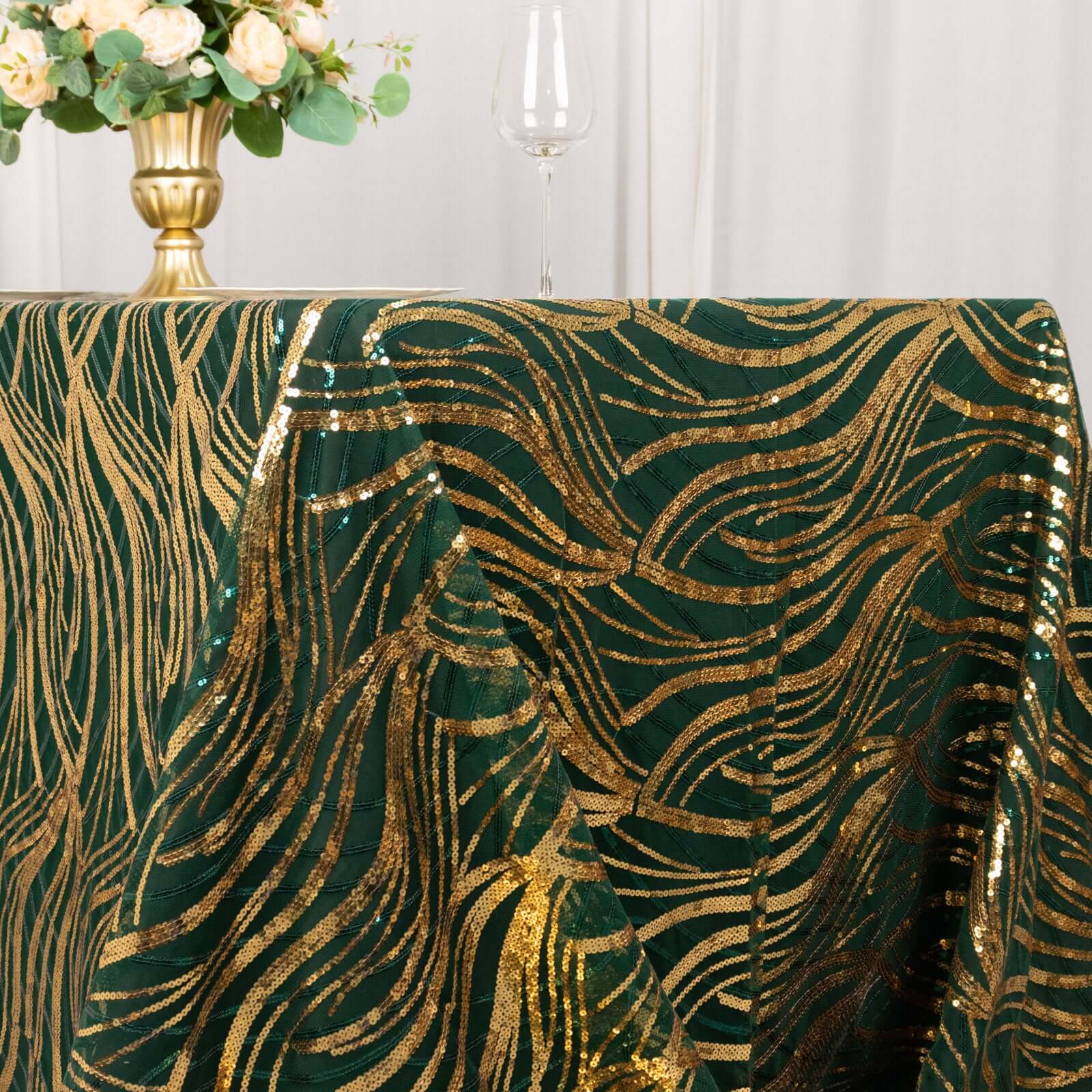 Mesh Rectangle Tablecloth 90"x156" Hunter Emerald Green Gold - Wave Embroidered Sequin Table Cover - Image 2