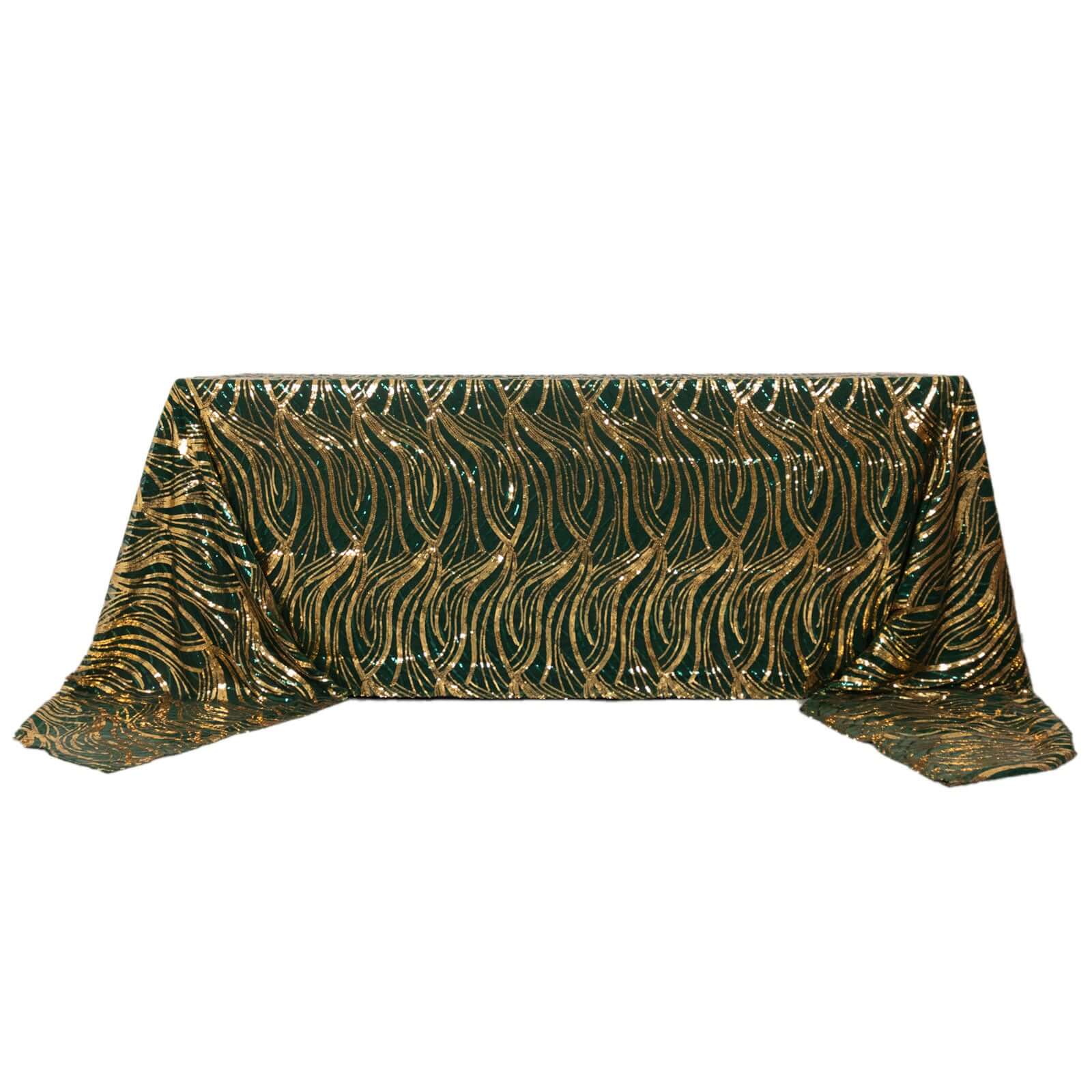 Mesh Rectangle Tablecloth 90"x156" Hunter Emerald Green Gold - Wave Embroidered Sequin Table Cover - Image 6