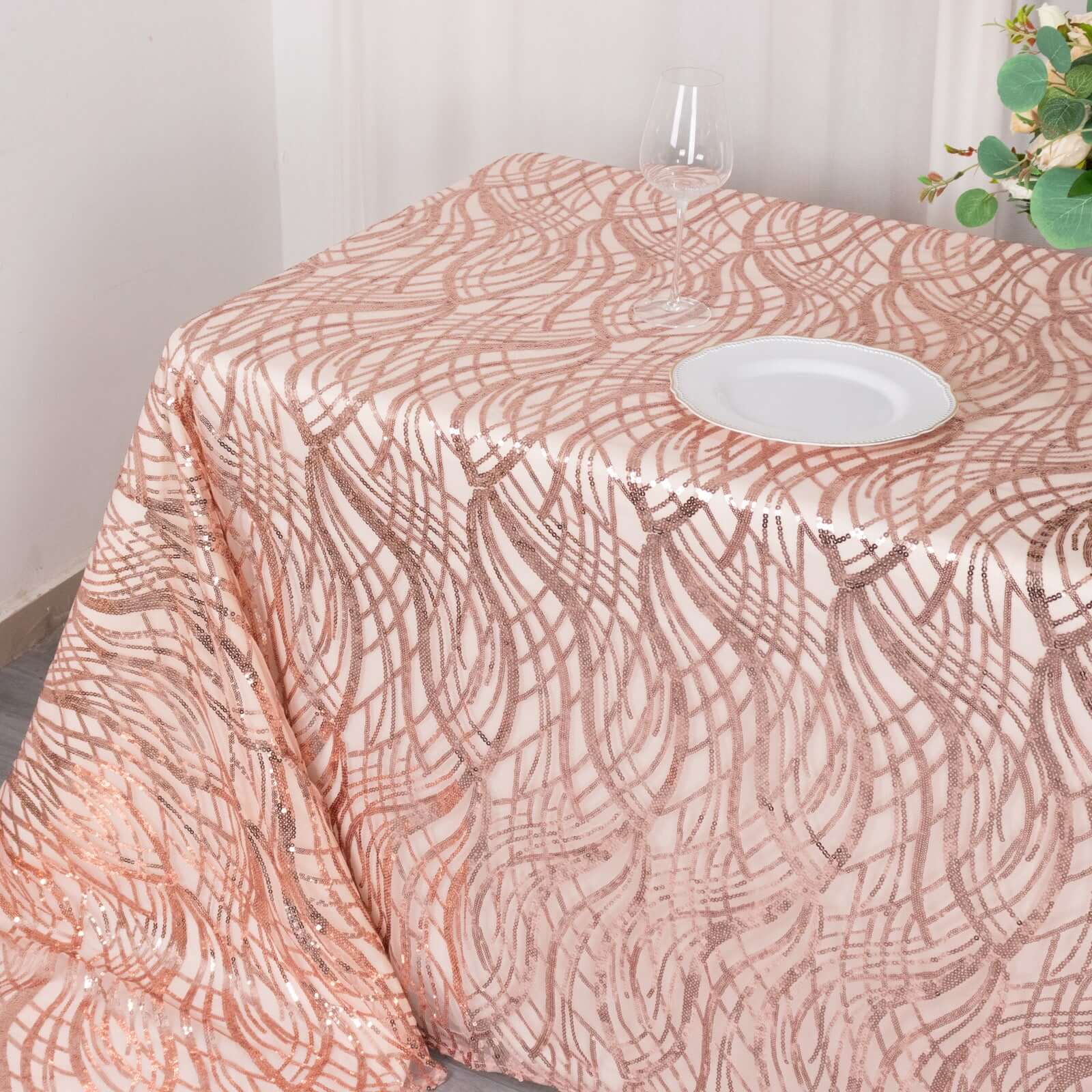 Mesh Rectangle Tablecloth 90"x156" Rose Gold - Wave Embroidered Sequin Table Cover - Image 11