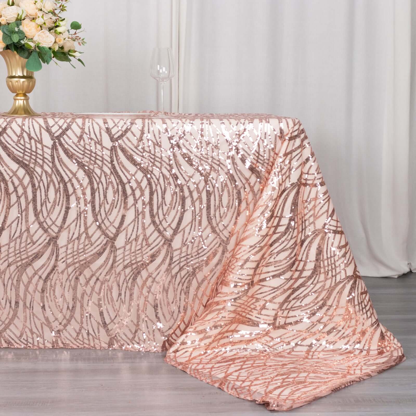 Mesh Rectangle Tablecloth 90"x156" Rose Gold - Wave Embroidered Sequin Table Cover - Image 2
