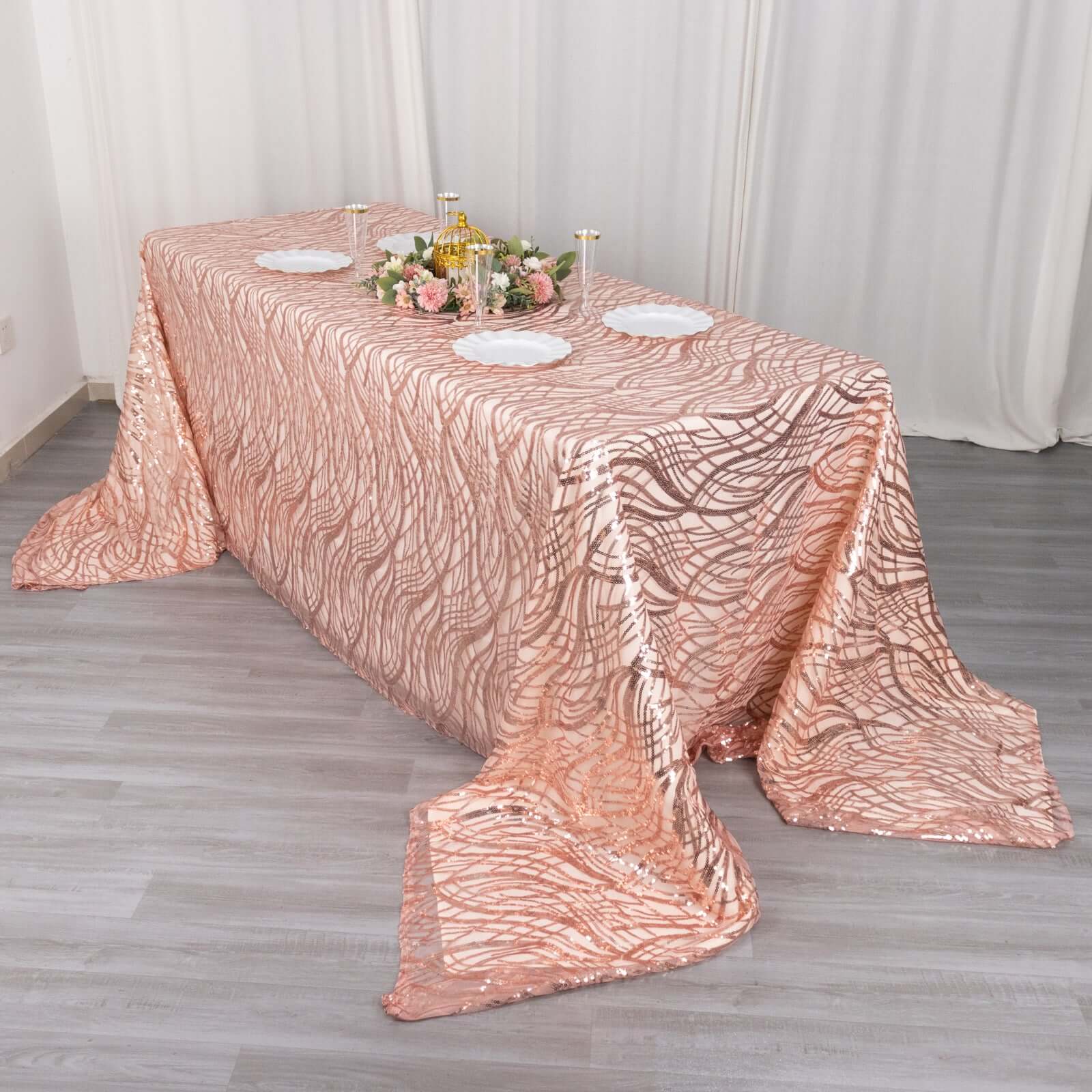 Mesh Rectangle Tablecloth 90"x156" Rose Gold - Wave Embroidered Sequin Table Cover - Image 3