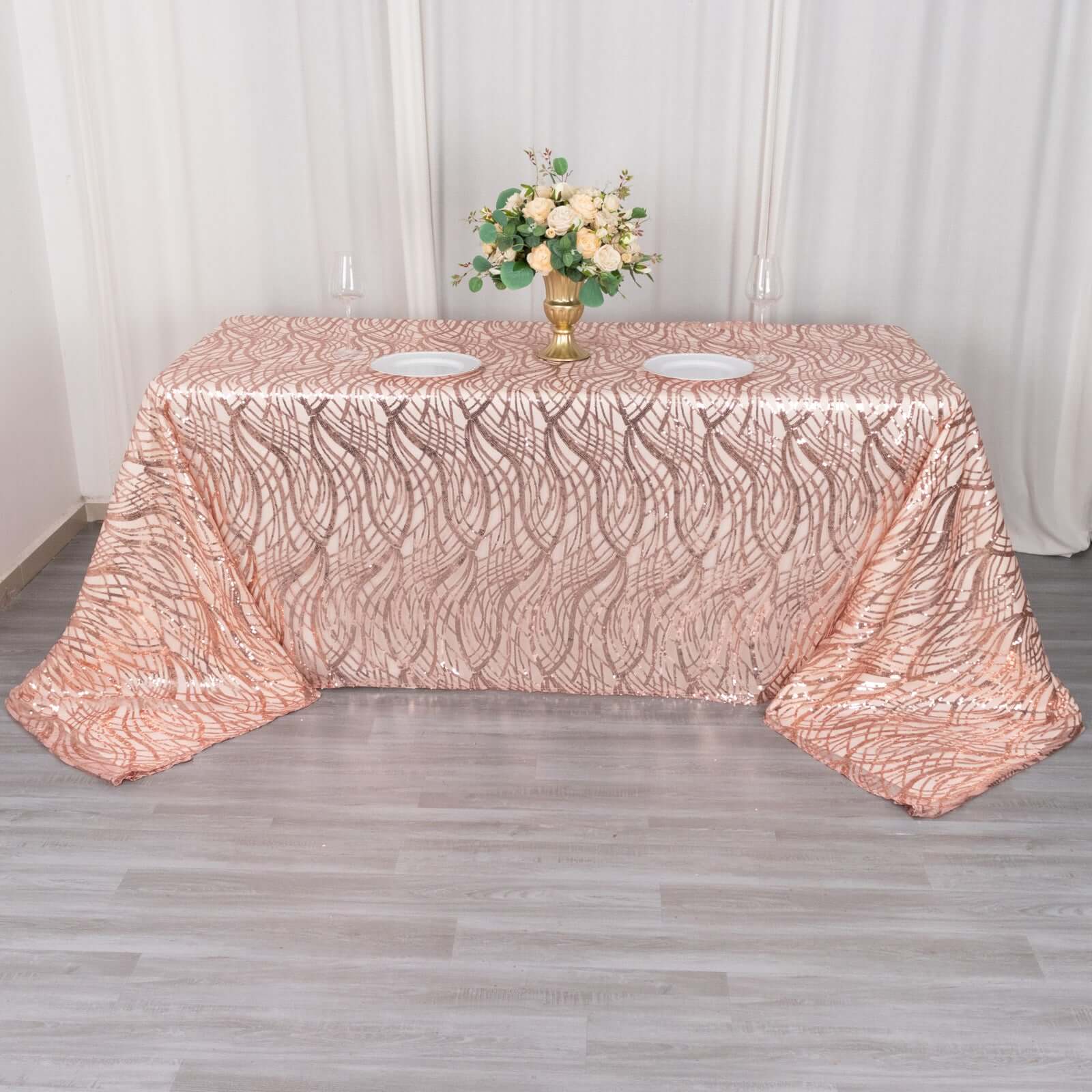 Mesh Rectangle Tablecloth 90"x156" Rose Gold - Wave Embroidered Sequin Table Cover - Image 4