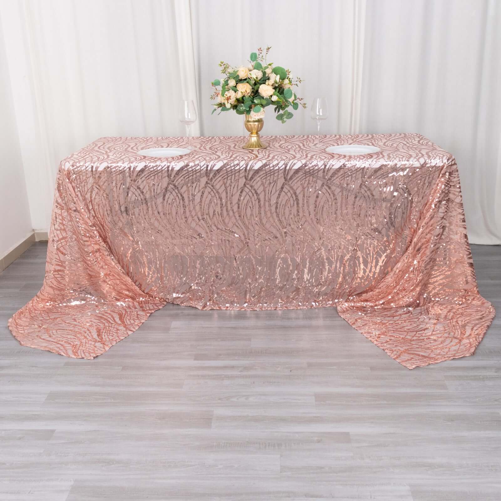 Mesh Rectangle Tablecloth 90"x156" Rose Gold - Wave Embroidered Sequin Table Cover - Image 5