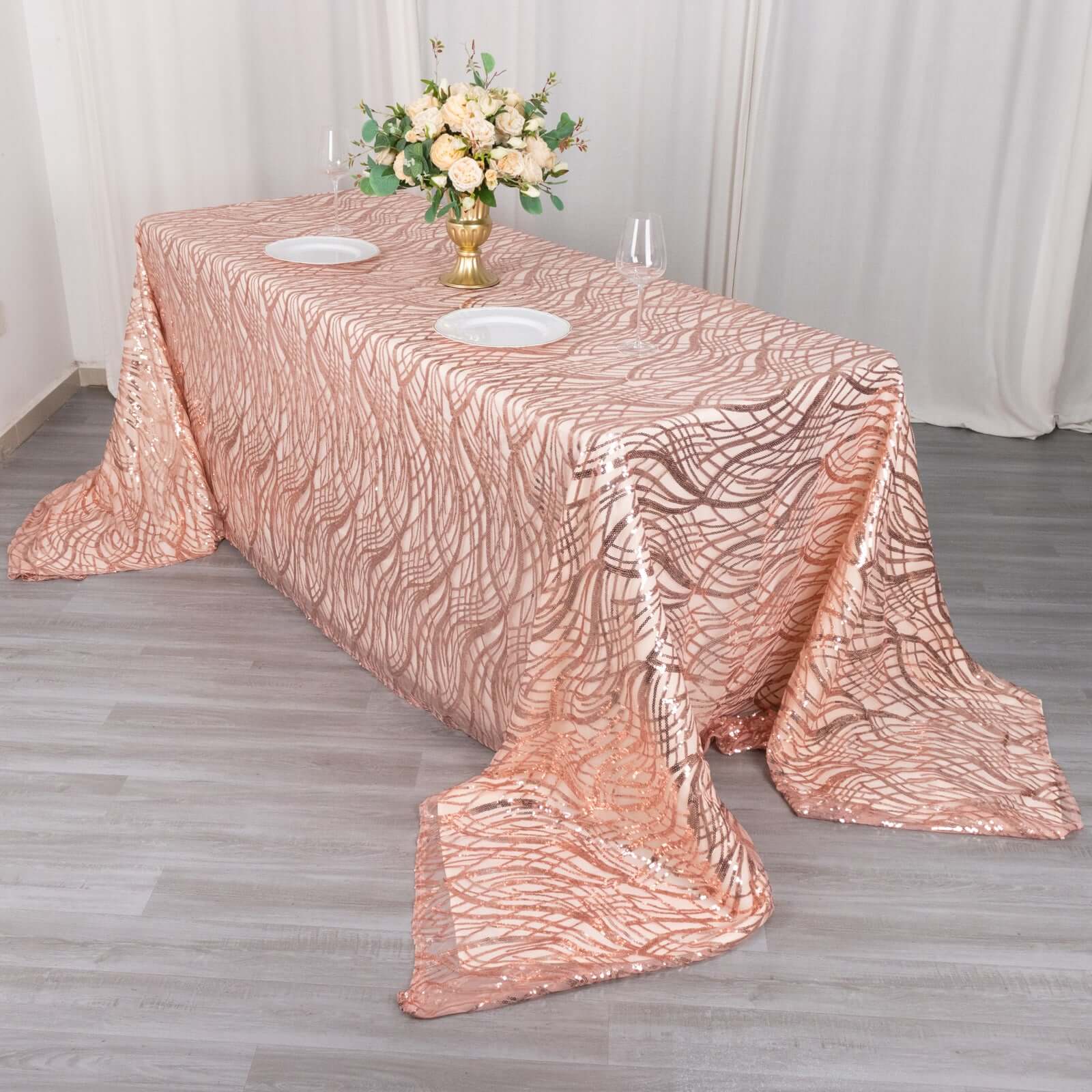 Mesh Rectangle Tablecloth 90"x156" Rose Gold - Wave Embroidered Sequin Table Cover - Image 6