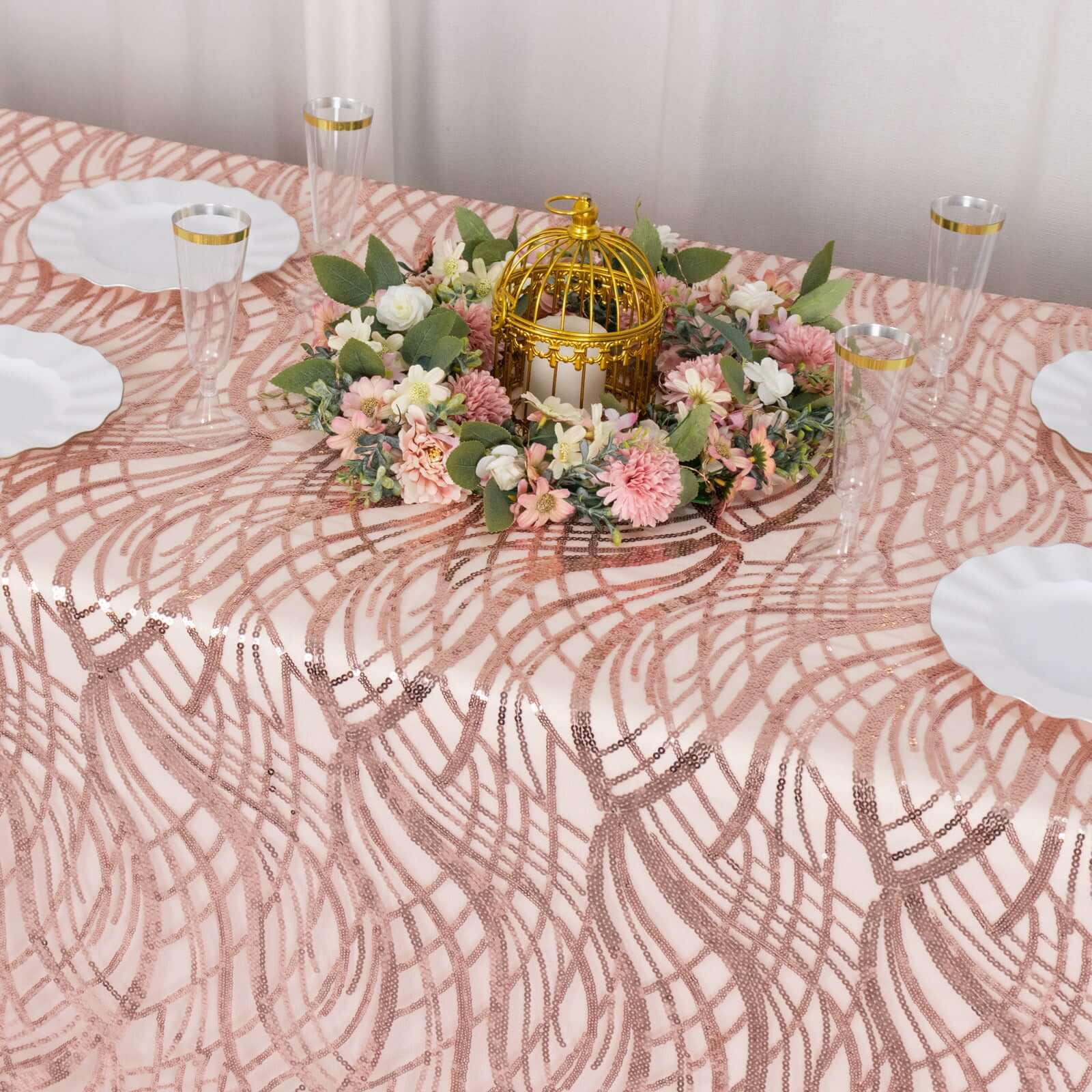 Mesh Rectangle Tablecloth 90"x156" Rose Gold - Wave Embroidered Sequin Table Cover - Image 8