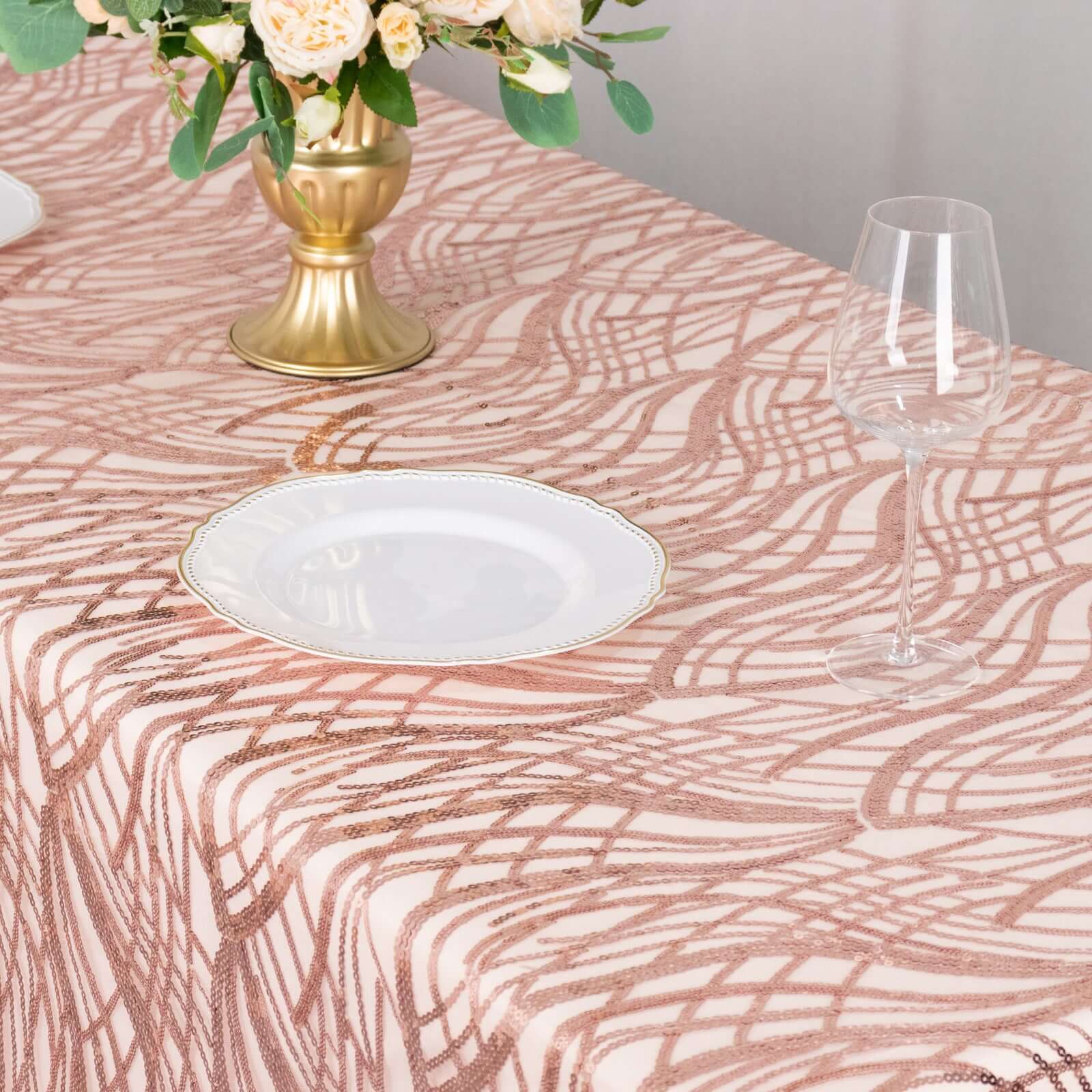 Mesh Rectangle Tablecloth 90"x156" Rose Gold - Wave Embroidered Sequin Table Cover - Image 9