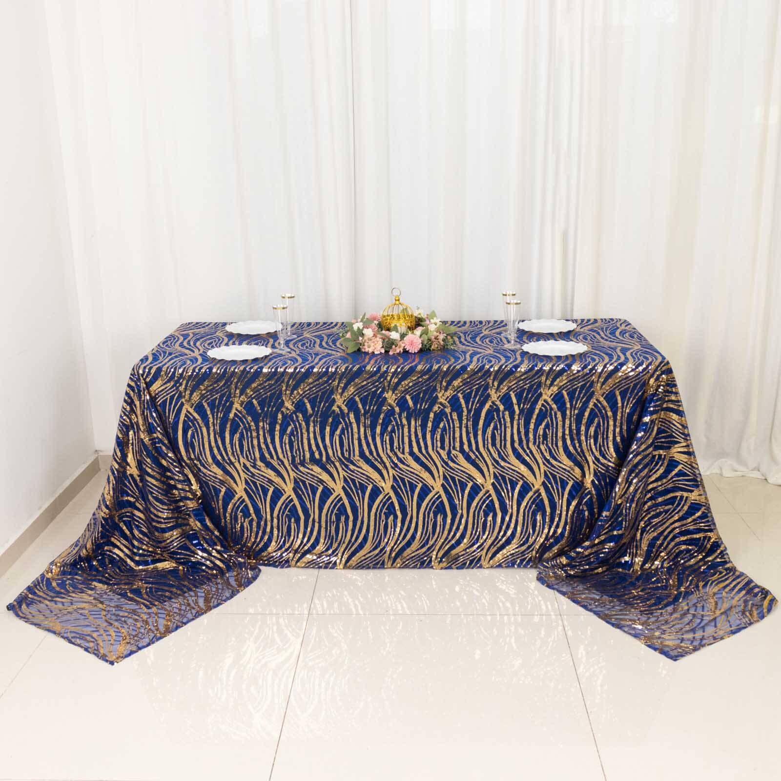 Mesh Rectangle Tablecloth 90"x156" Royal Blue Gold - Wave Embroidered Sequin Table Cover - Image 2