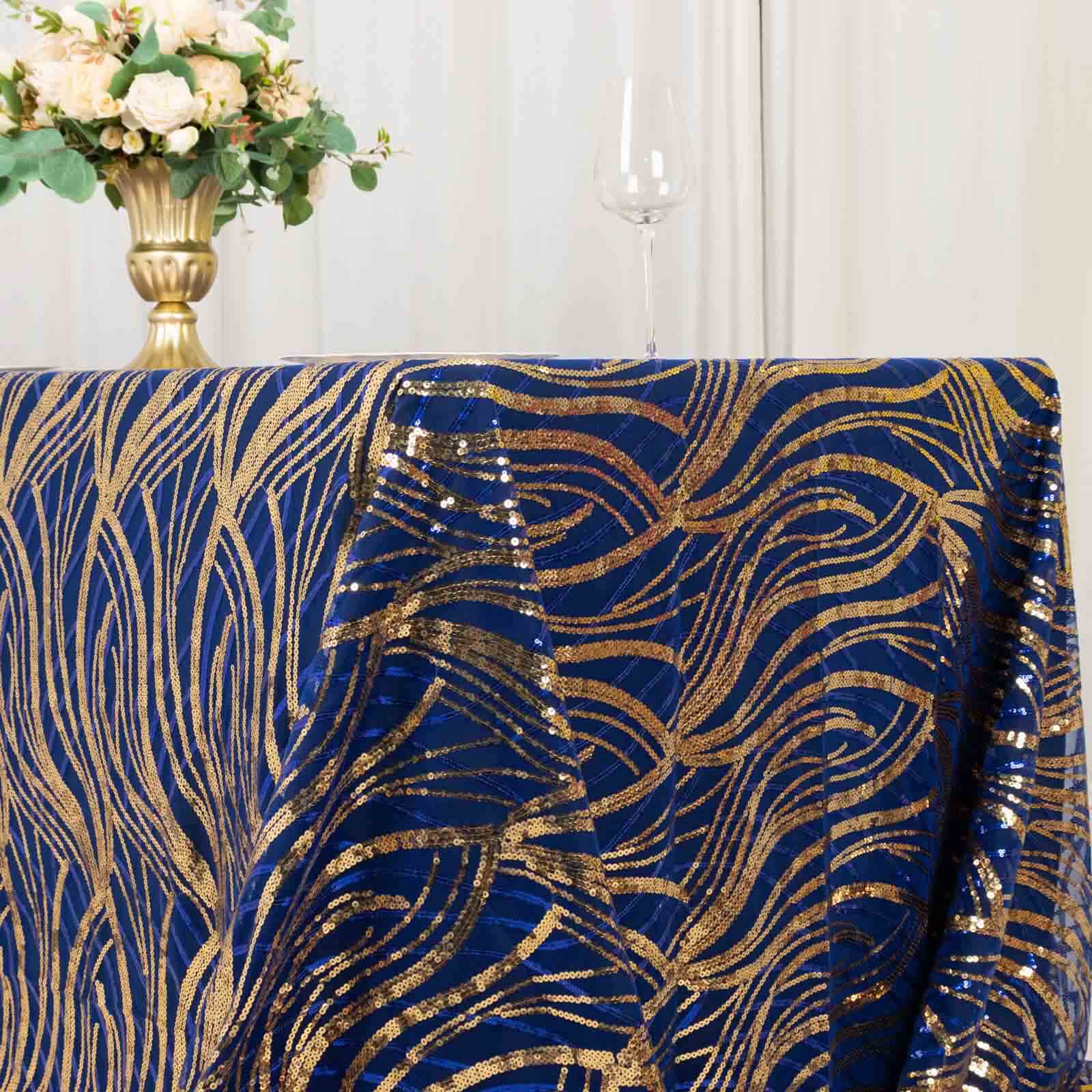 Mesh Rectangle Tablecloth 90"x156" Royal Blue Gold - Wave Embroidered Sequin Table Cover - Image 4