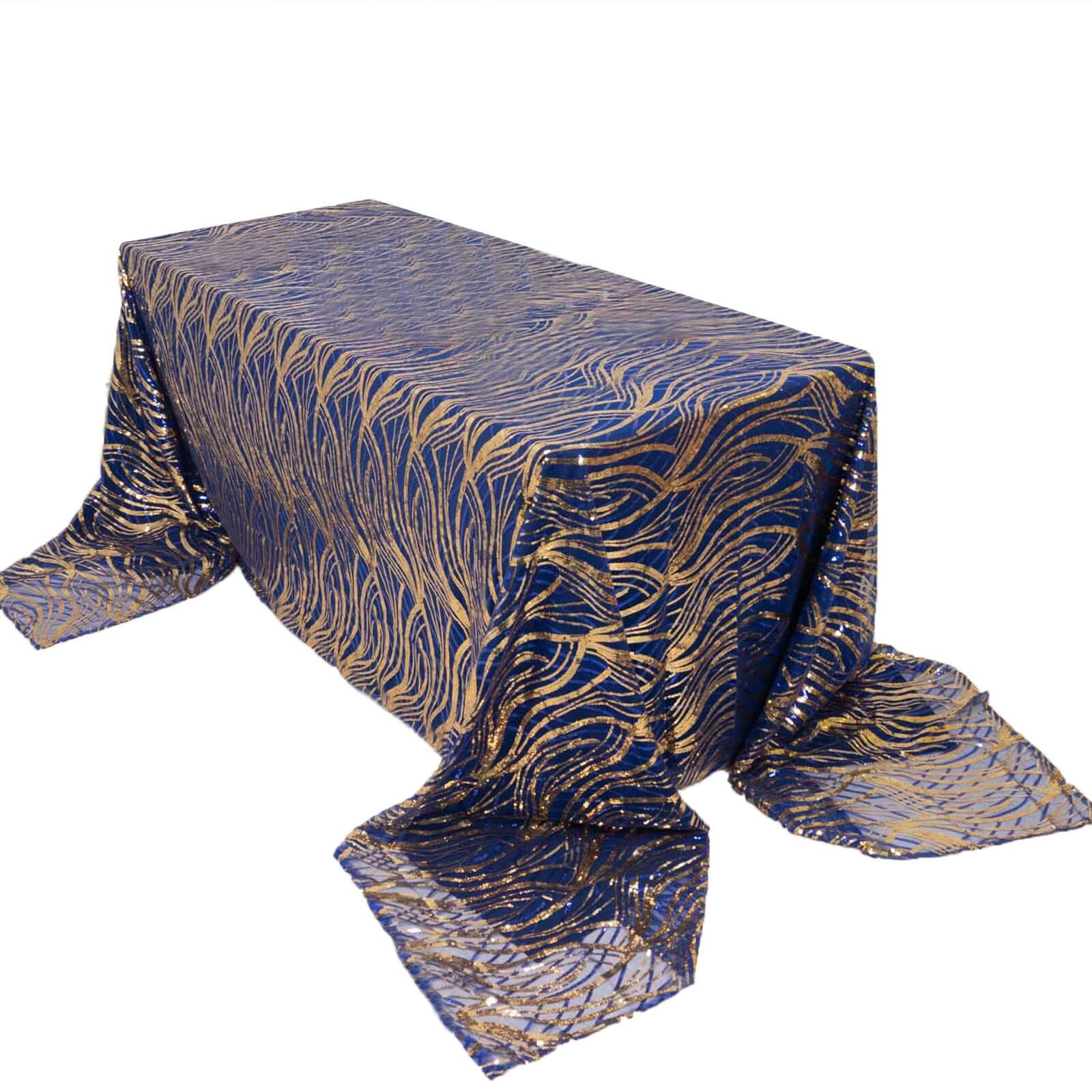 Mesh Rectangle Tablecloth 90"x156" Royal Blue Gold - Wave Embroidered Sequin Table Cover - Image 8
