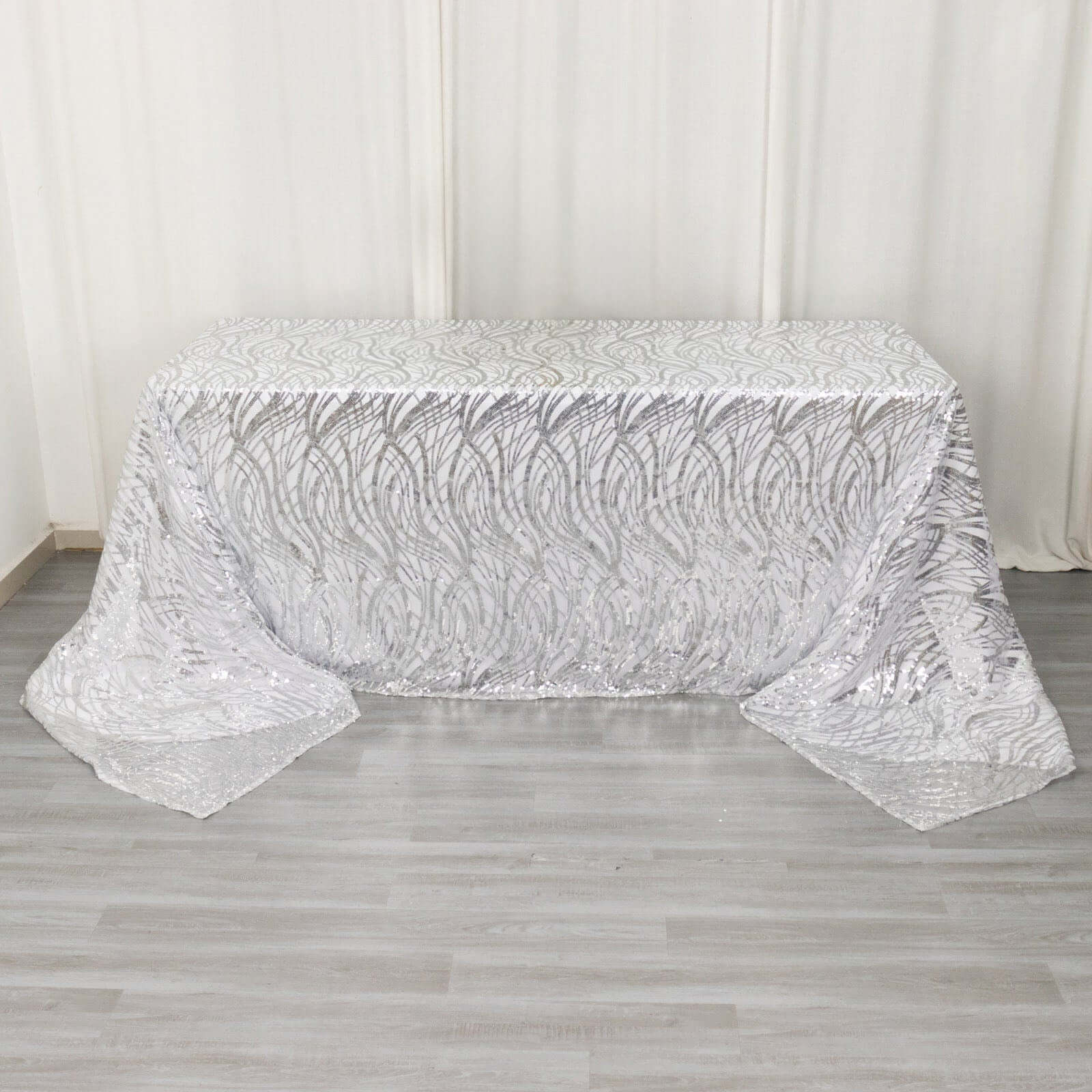 Mesh Rectangle Tablecloth 90"x156" Silver - Wave Embroidered Sequin Table Cover