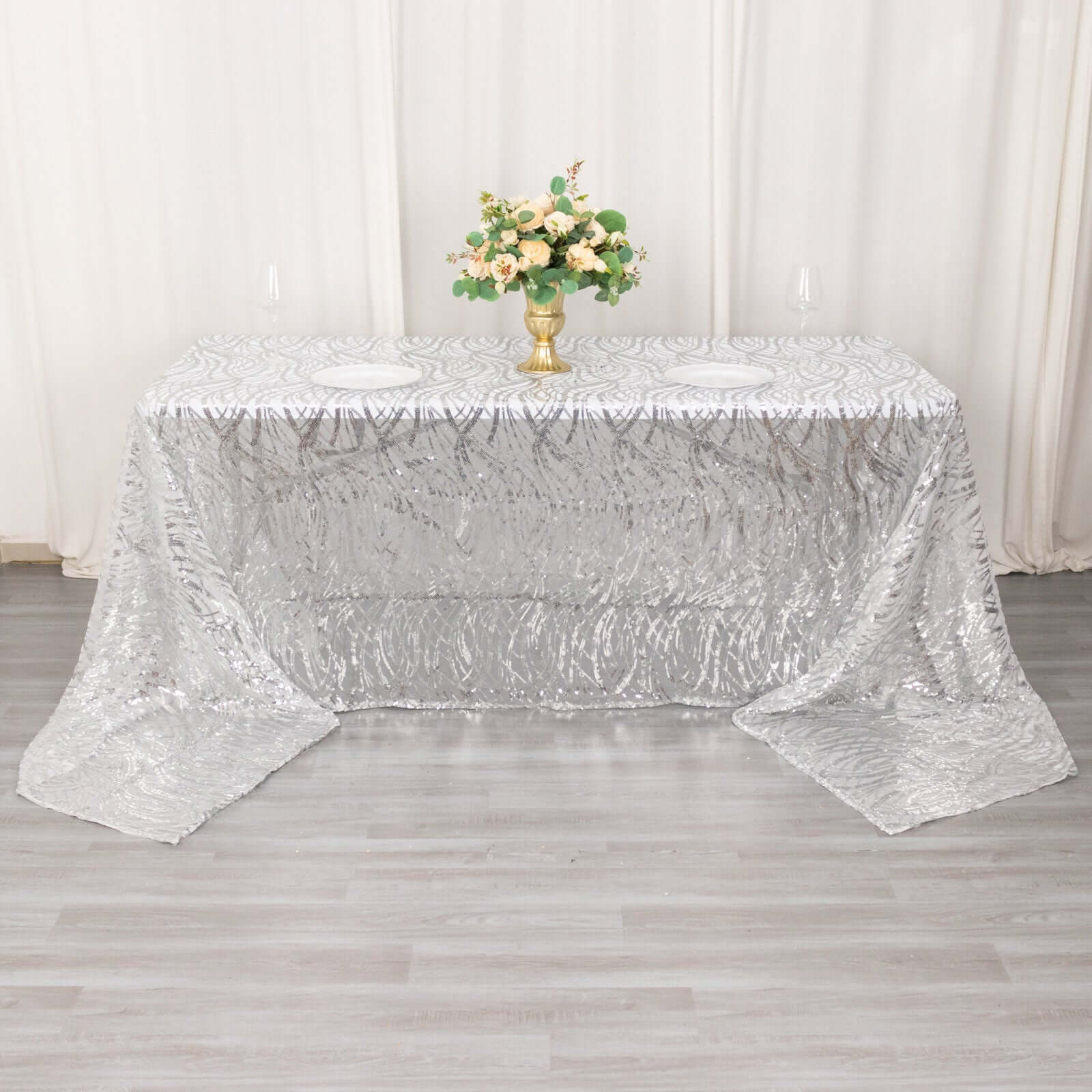Mesh Rectangle Tablecloth 90"x156" Silver - Wave Embroidered Sequin Table Cover - Image 12