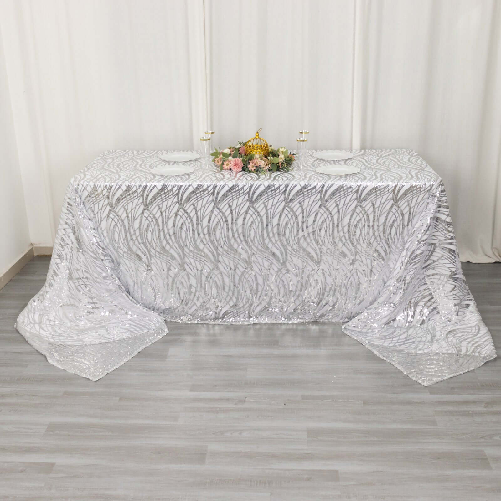 Mesh Rectangle Tablecloth 90"x156" Silver - Wave Embroidered Sequin Table Cover - Image 4