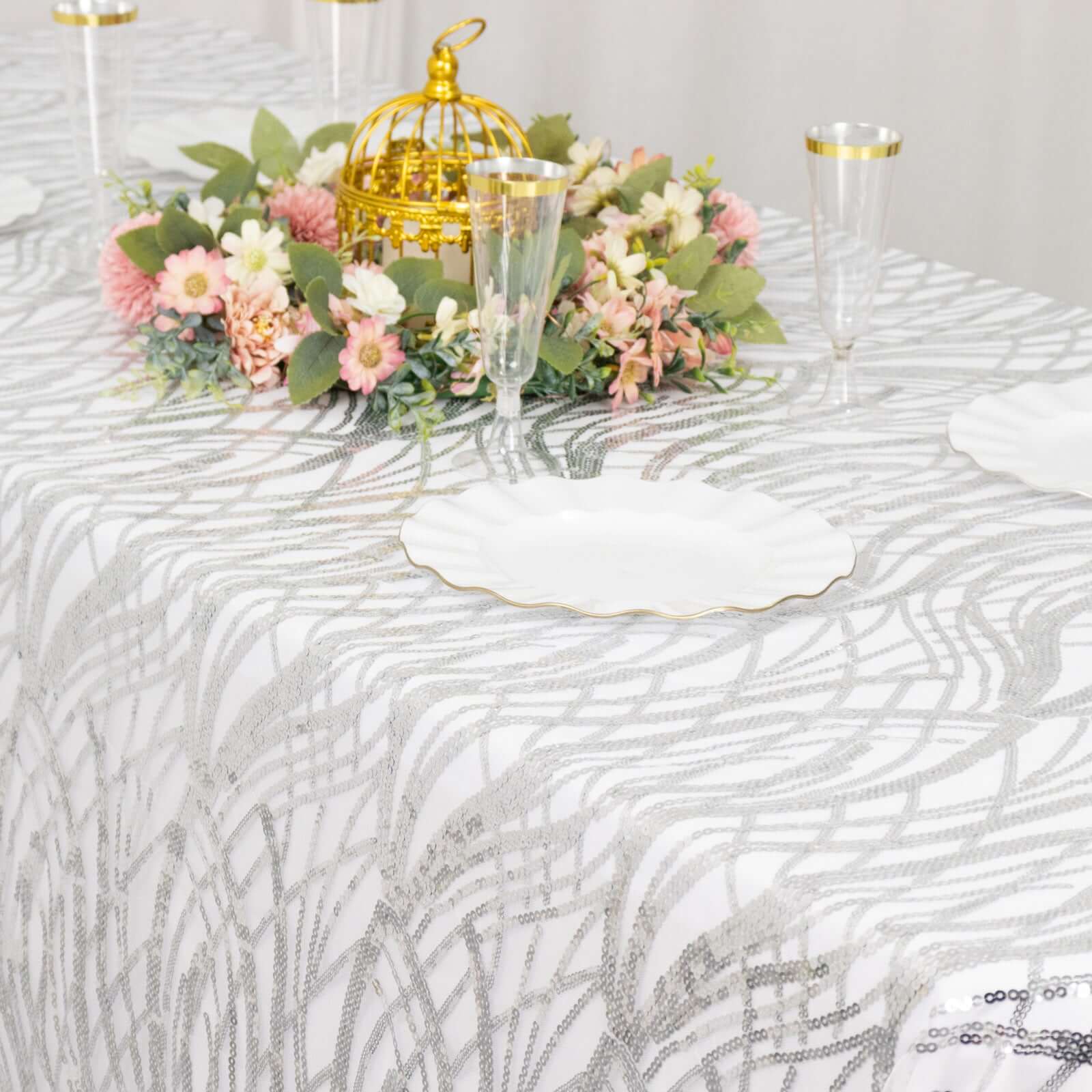 Mesh Rectangle Tablecloth 90"x156" Silver - Wave Embroidered Sequin Table Cover - Image 6