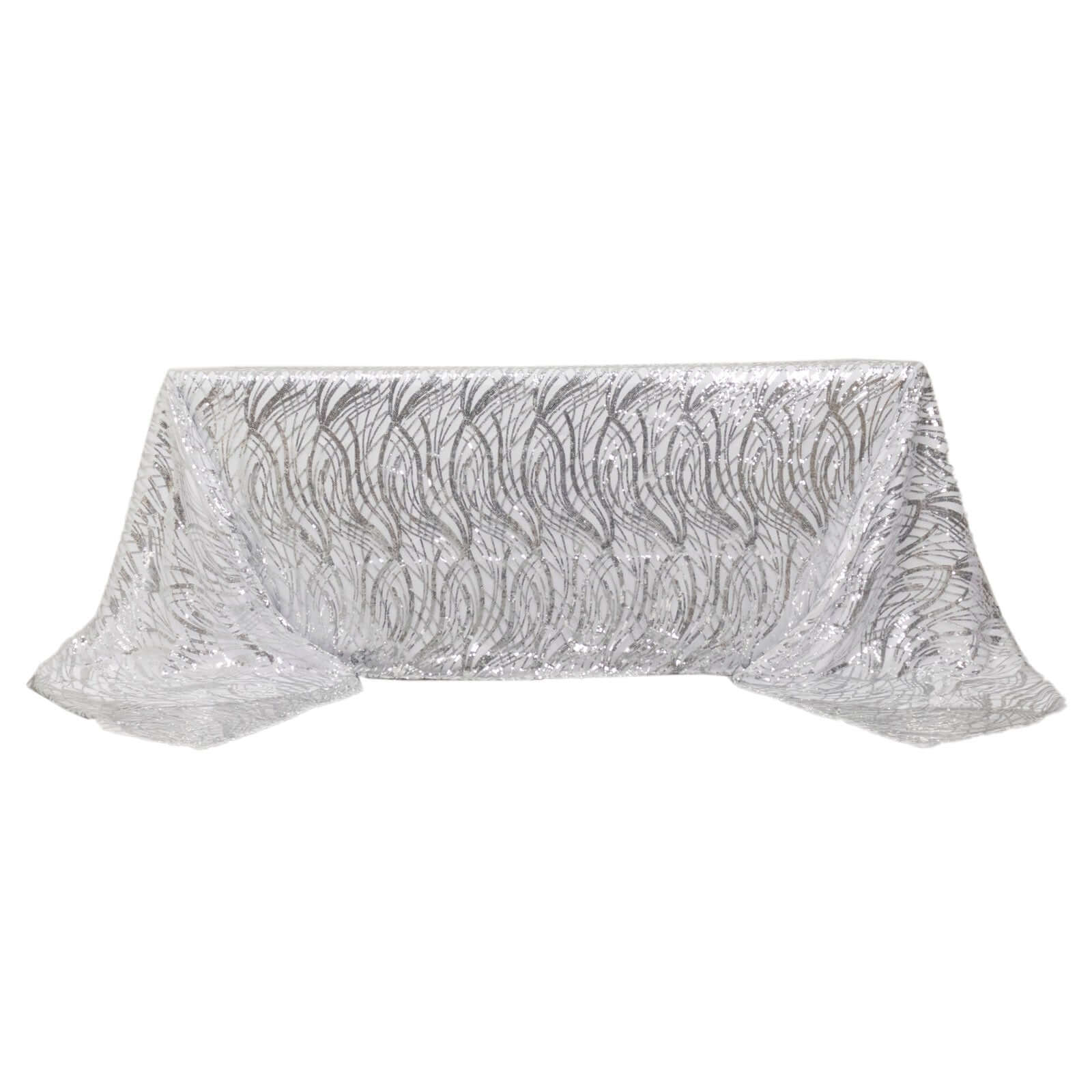 Mesh Rectangle Tablecloth 90"x156" Silver - Wave Embroidered Sequin Table Cover - Image 7