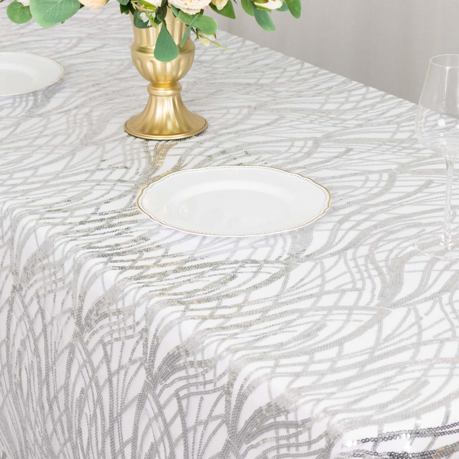 Mesh Rectangle Tablecloth 90"x156" Silver - Wave Embroidered Sequin Table Cover - Image 8