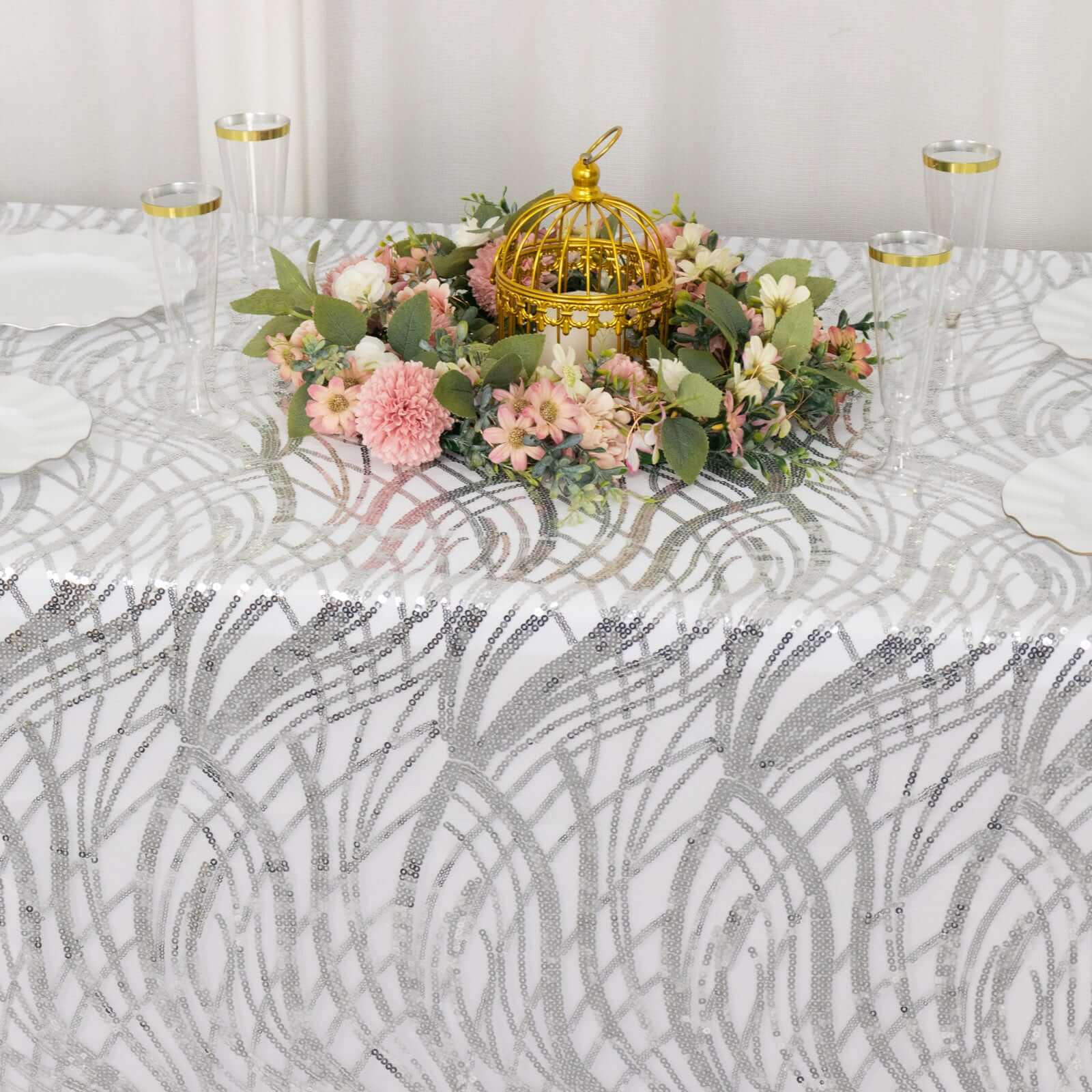 Mesh Rectangle Tablecloth 90"x156" Silver - Wave Embroidered Sequin Table Cover - Image 9