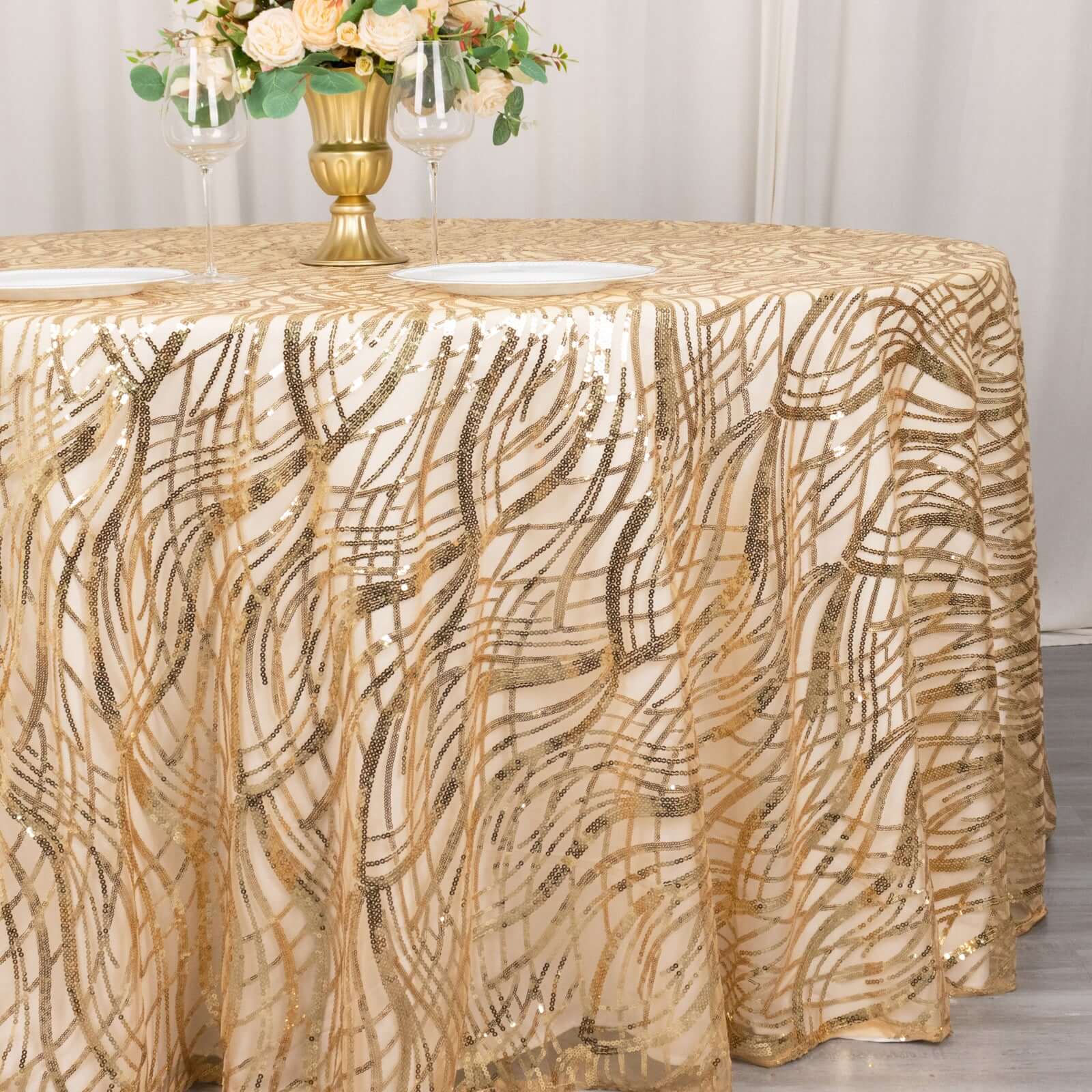 Mesh Round Tablecloth 120" Champagne - Wave Embroidered Sequin Table Cover - Image 2
