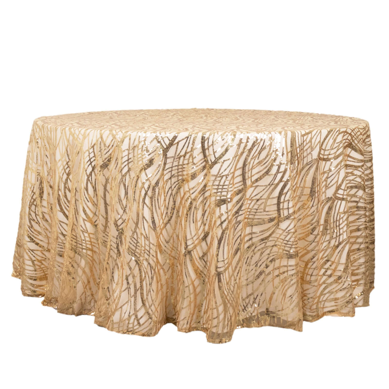 Mesh Round Tablecloth 120" Champagne - Wave Embroidered Sequin Table Cover - Image 6