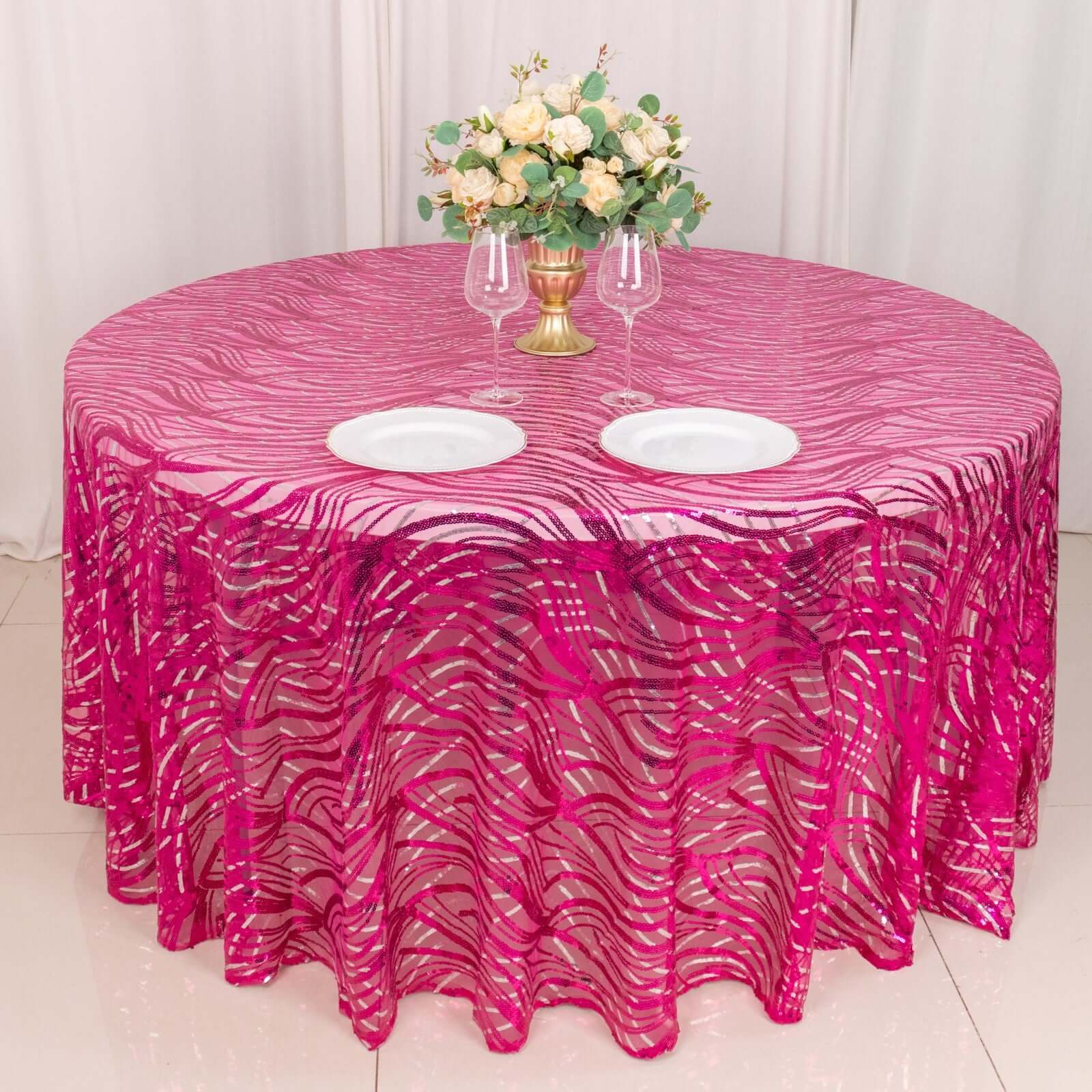 Mesh Round Tablecloth 120" Fuchsia Silver - Wave Embroidered Sequin Table Cover - Image 6