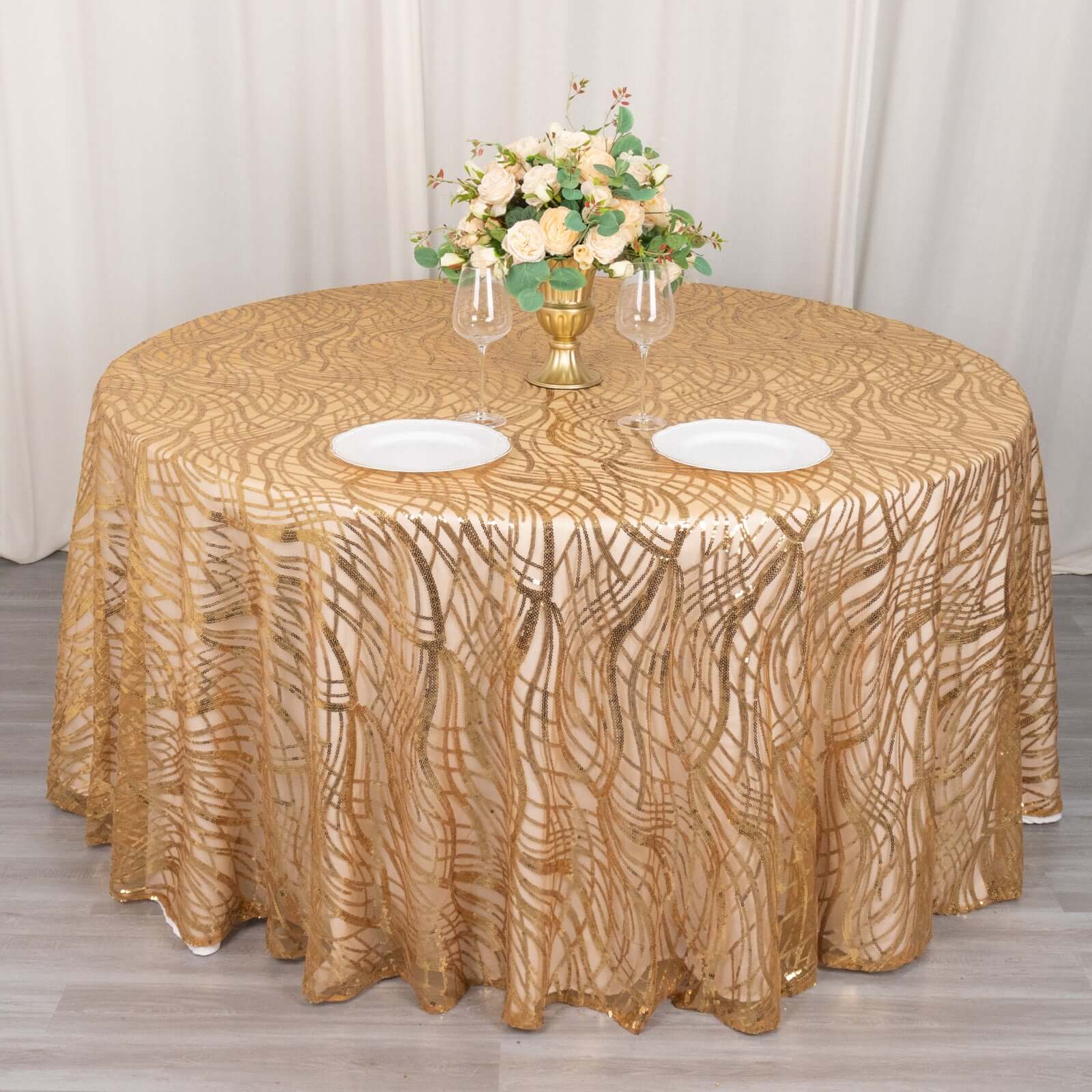 Mesh Round Tablecloth 120" Gold with Wave Embroidered Sequin Design - Seamless Glamorous Decor for Weddings - Image 4