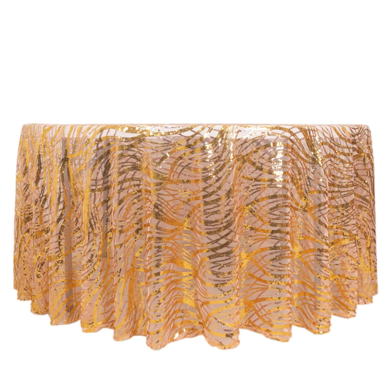 Mesh Round Tablecloth 120" Rose Gold/Gold - Wave Embroidered Sequin Table Cover - Image 7