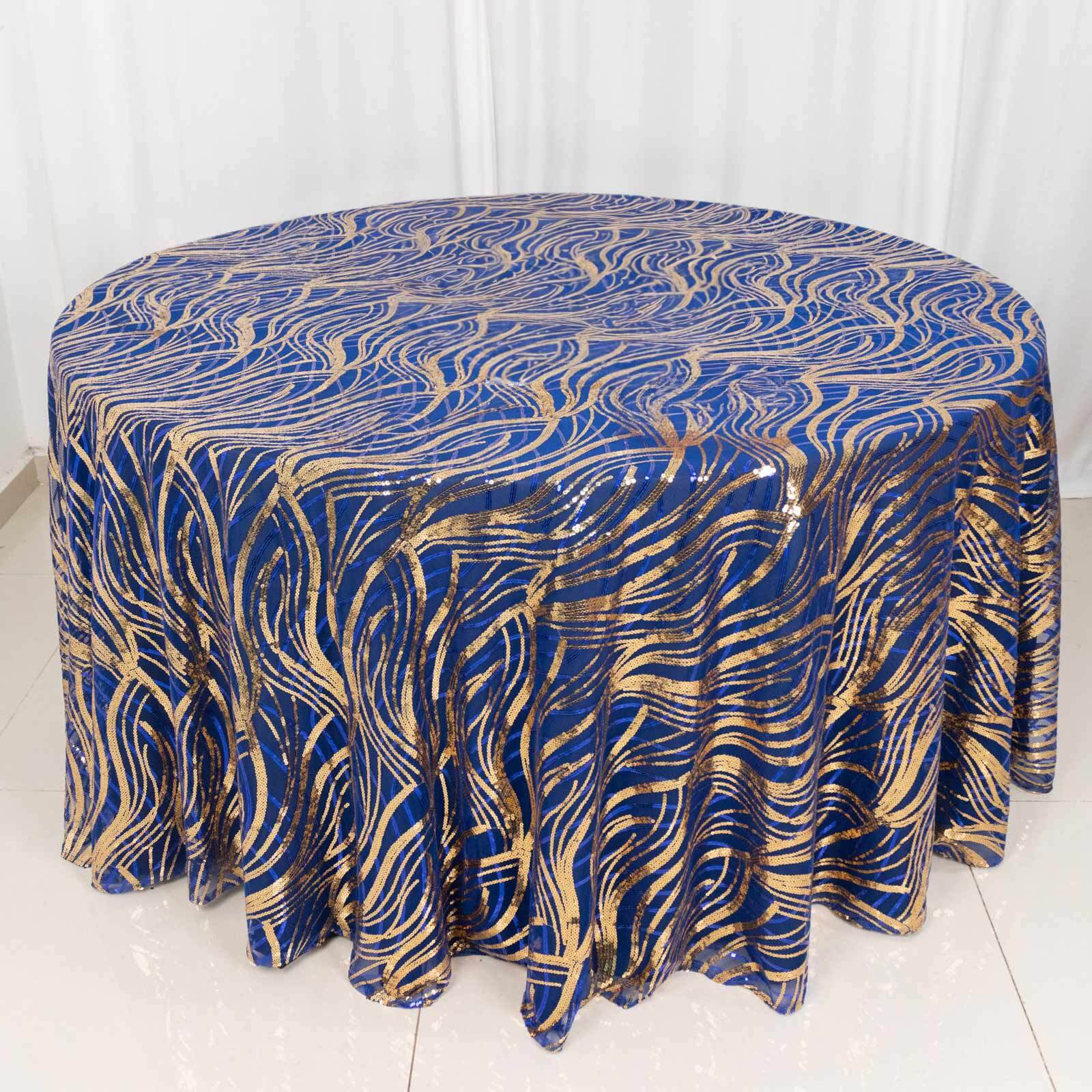 Mesh Round Tablecloth 120" Royal Blue Gold - Wave Embroidered Sequin Table Cover