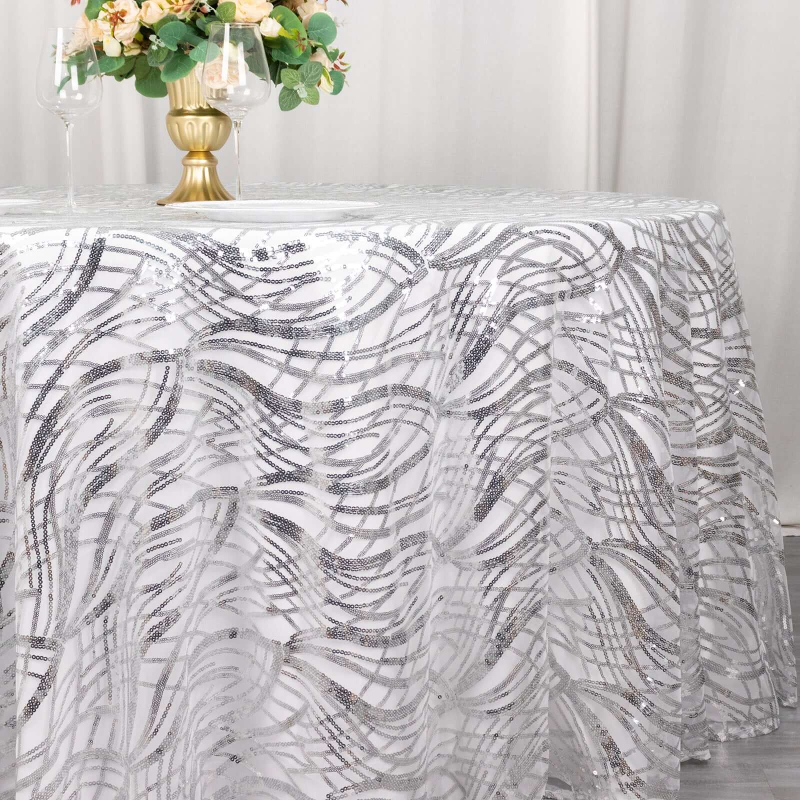 Mesh Round Tablecloth 120" Silver - Wave Embroidered Sequin Table Cover - Image 2