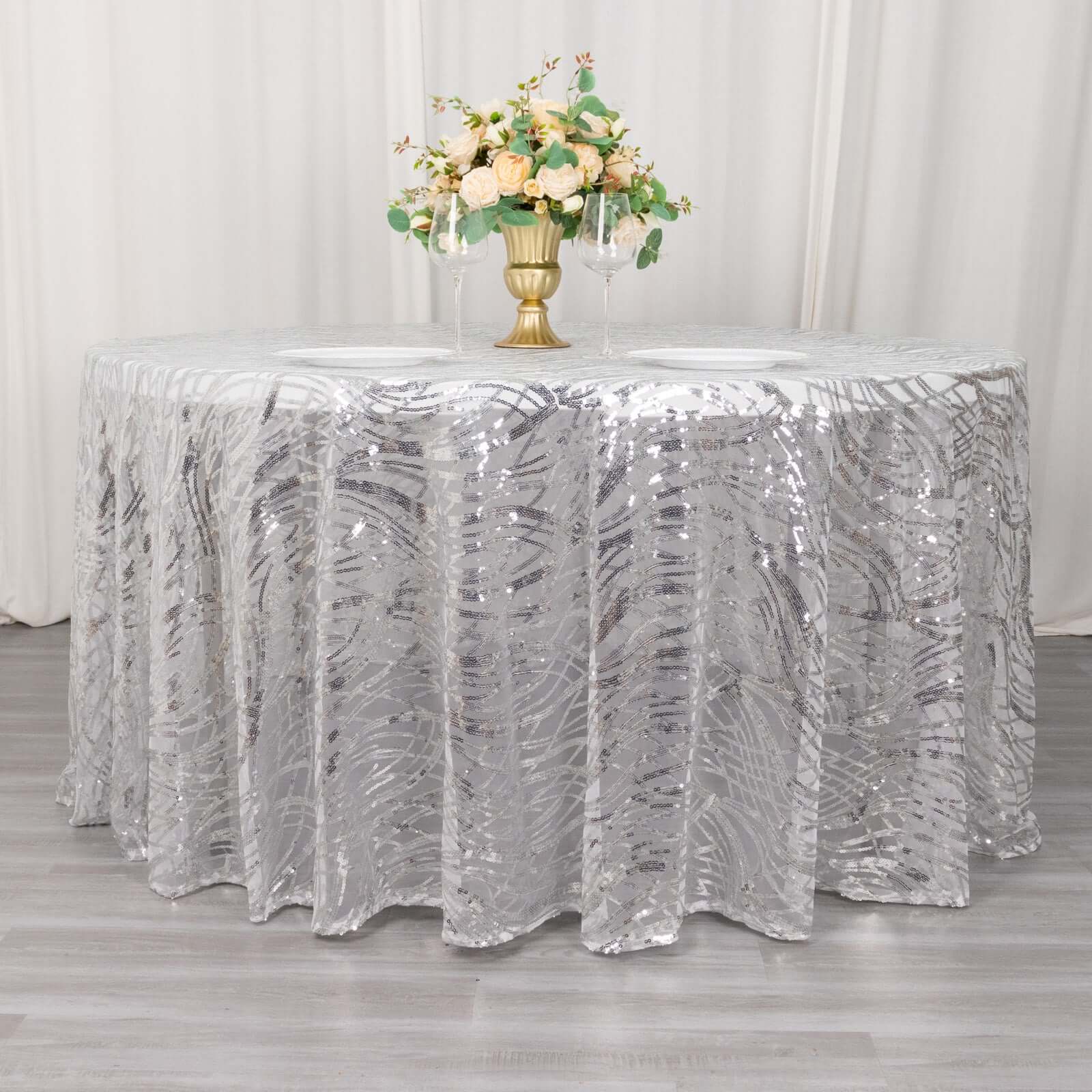 Mesh Round Tablecloth 120" Silver - Wave Embroidered Sequin Table Cover - Image 4