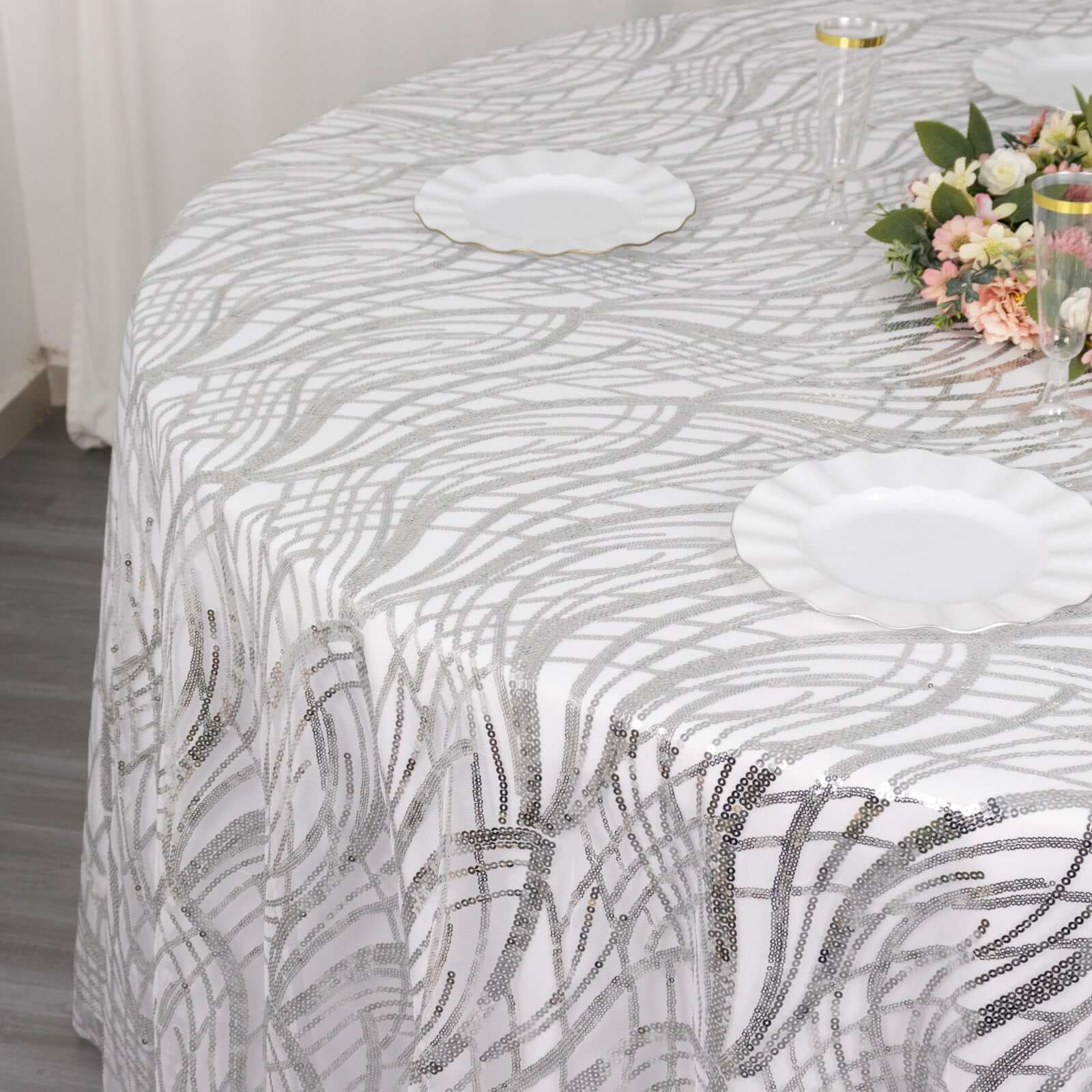 Mesh Round Tablecloth 120" Silver - Wave Embroidered Sequin Table Cover - Image 5
