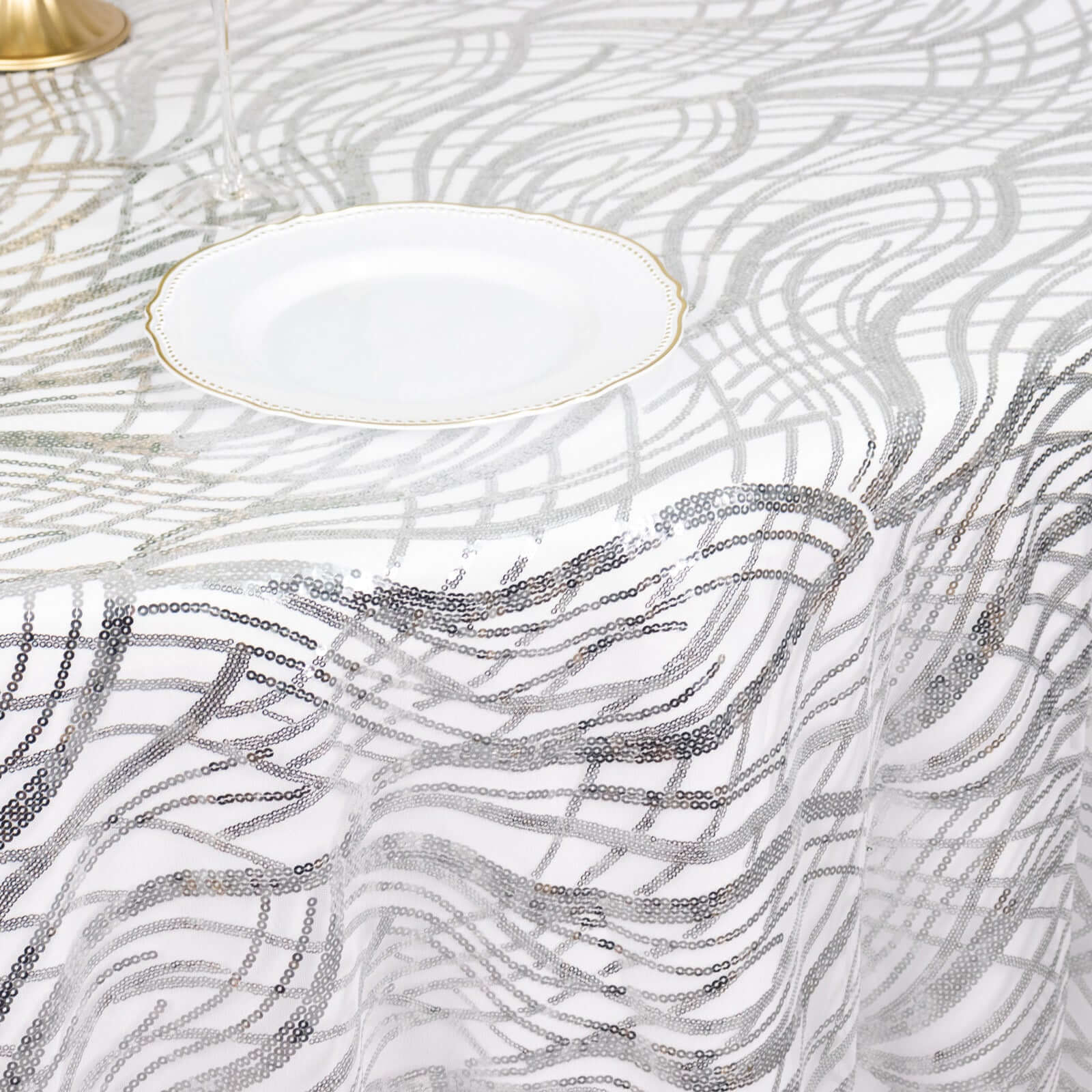 Mesh Round Tablecloth 120" Silver - Wave Embroidered Sequin Table Cover - Image 6