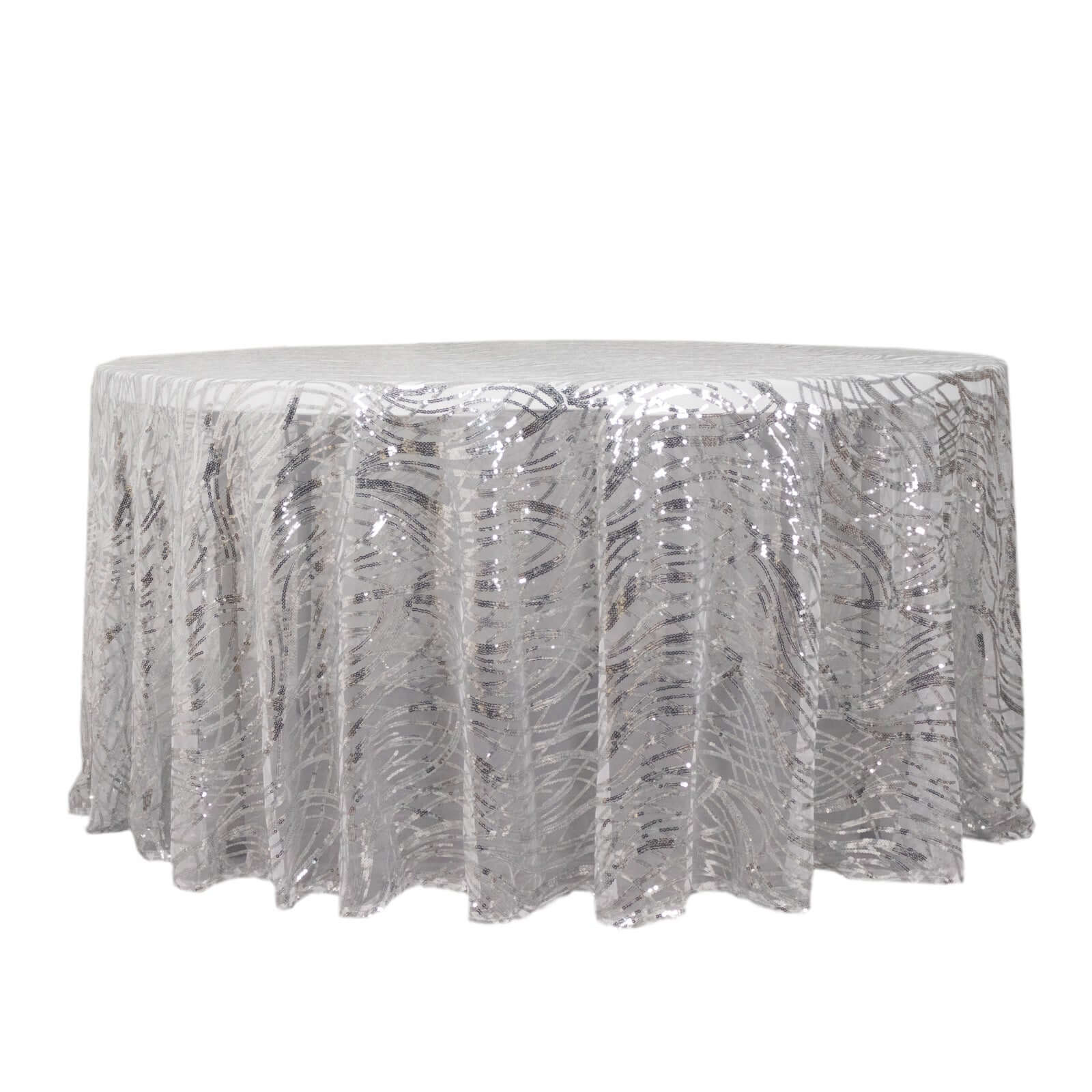 Mesh Round Tablecloth 120" Silver - Wave Embroidered Sequin Table Cover - Image 7