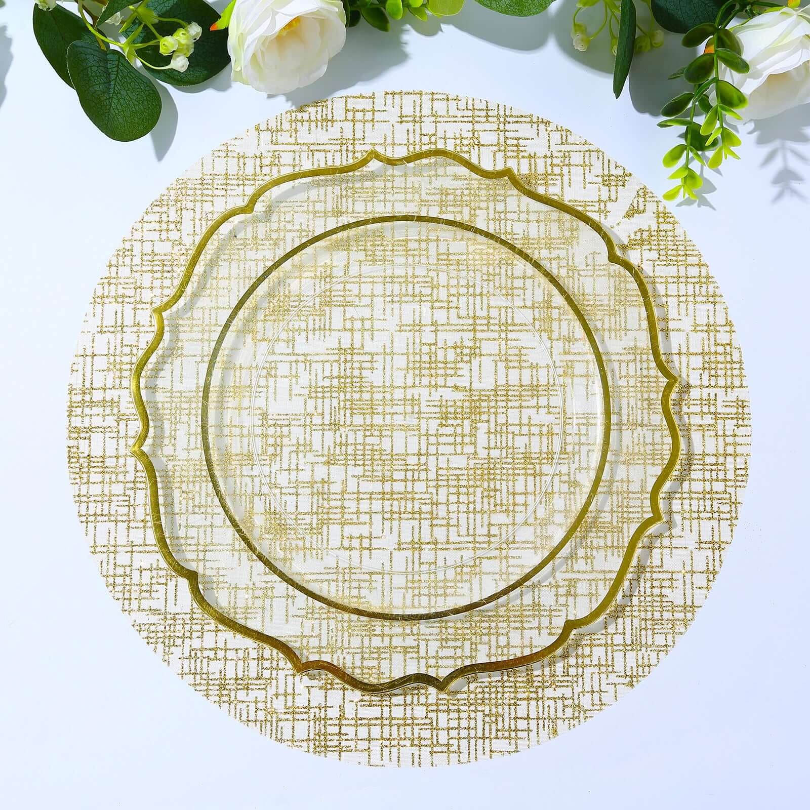 50-Pack Mesh Table Placemats 13" Round Glitter Design Metallic Gold - Polyester Disposable Dining Mats - Image 4