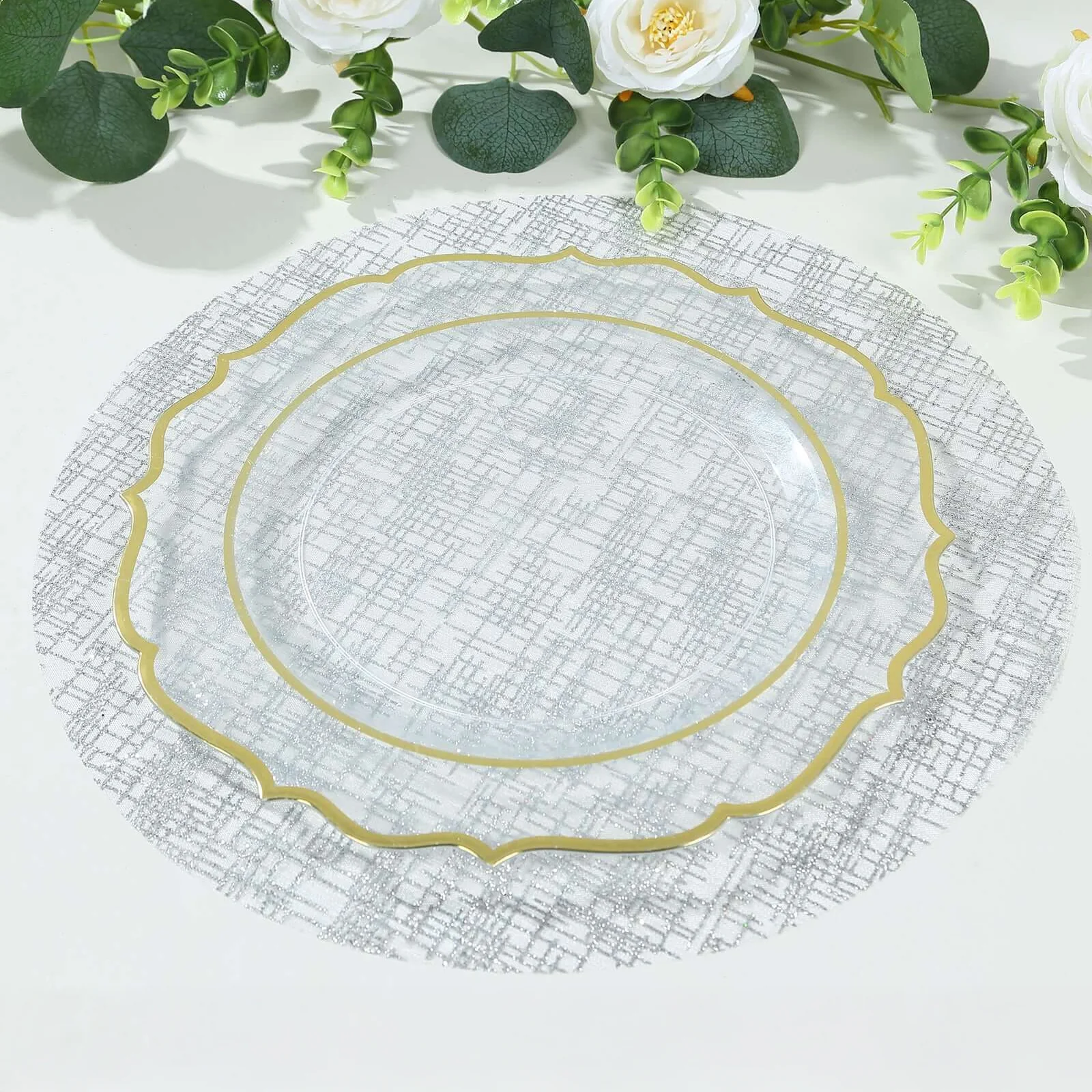 50-Pack Mesh Table Placemats 13" Round Glitter Design Metallic Silver - Polyester Disposable Dining Mats - Image 4