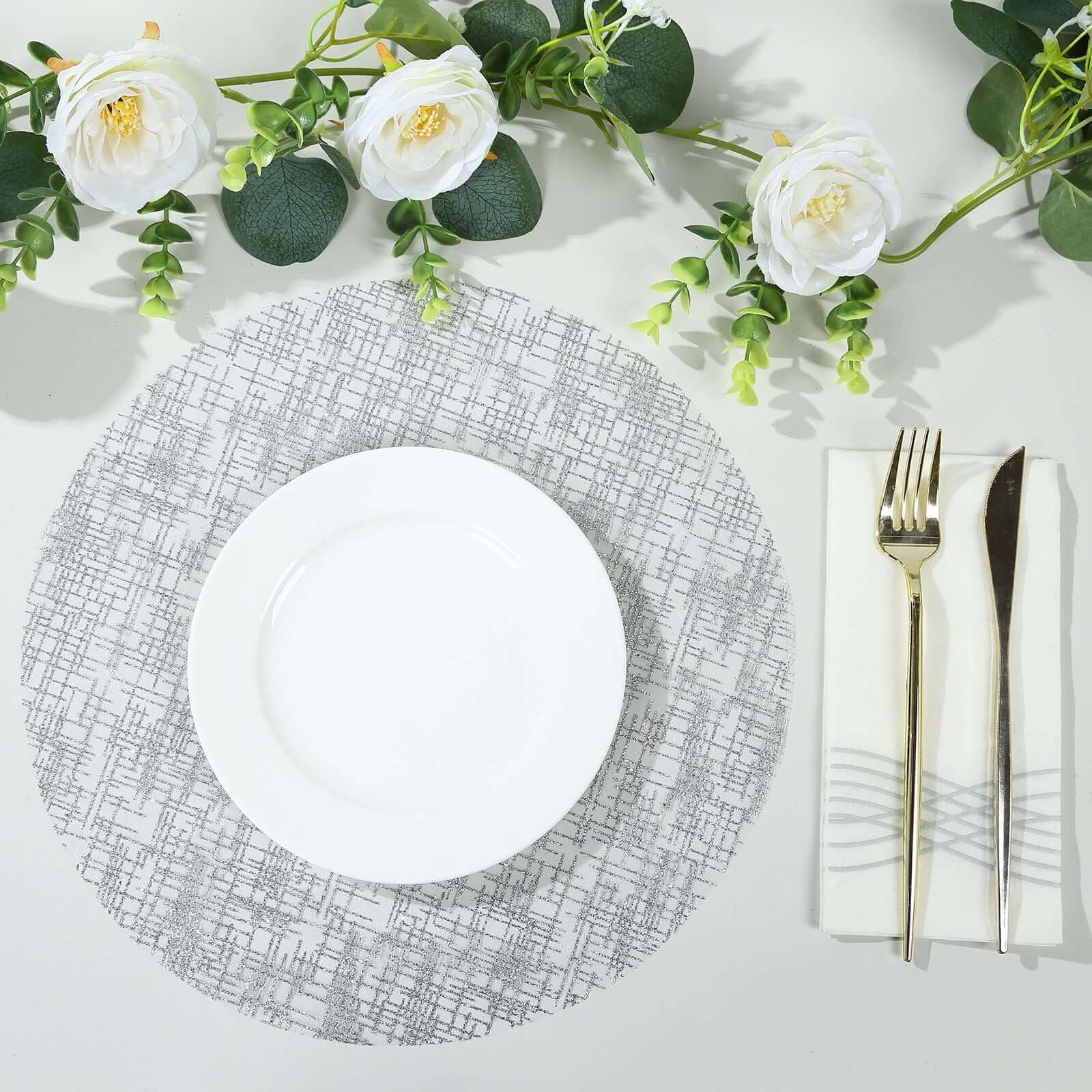 50-Pack Mesh Table Placemats 13" Round Glitter Design Metallic Silver - Polyester Disposable Dining Mats - Image 5