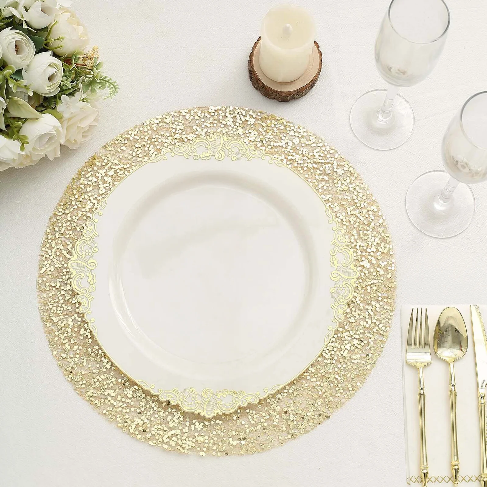 50-Pack Mesh Table Placemats 13" Round Sequin Design Metallic Gold - Sparkly Dust-Free Disposable Dining Mats - Image 4