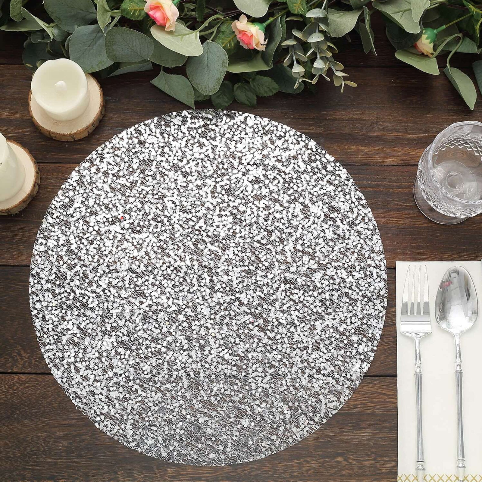50-Pack Mesh Table Placemats 13" Round Sequin Design Metallic Silver - Sparkly Dust-Free Disposable Dining Mats - Image 2